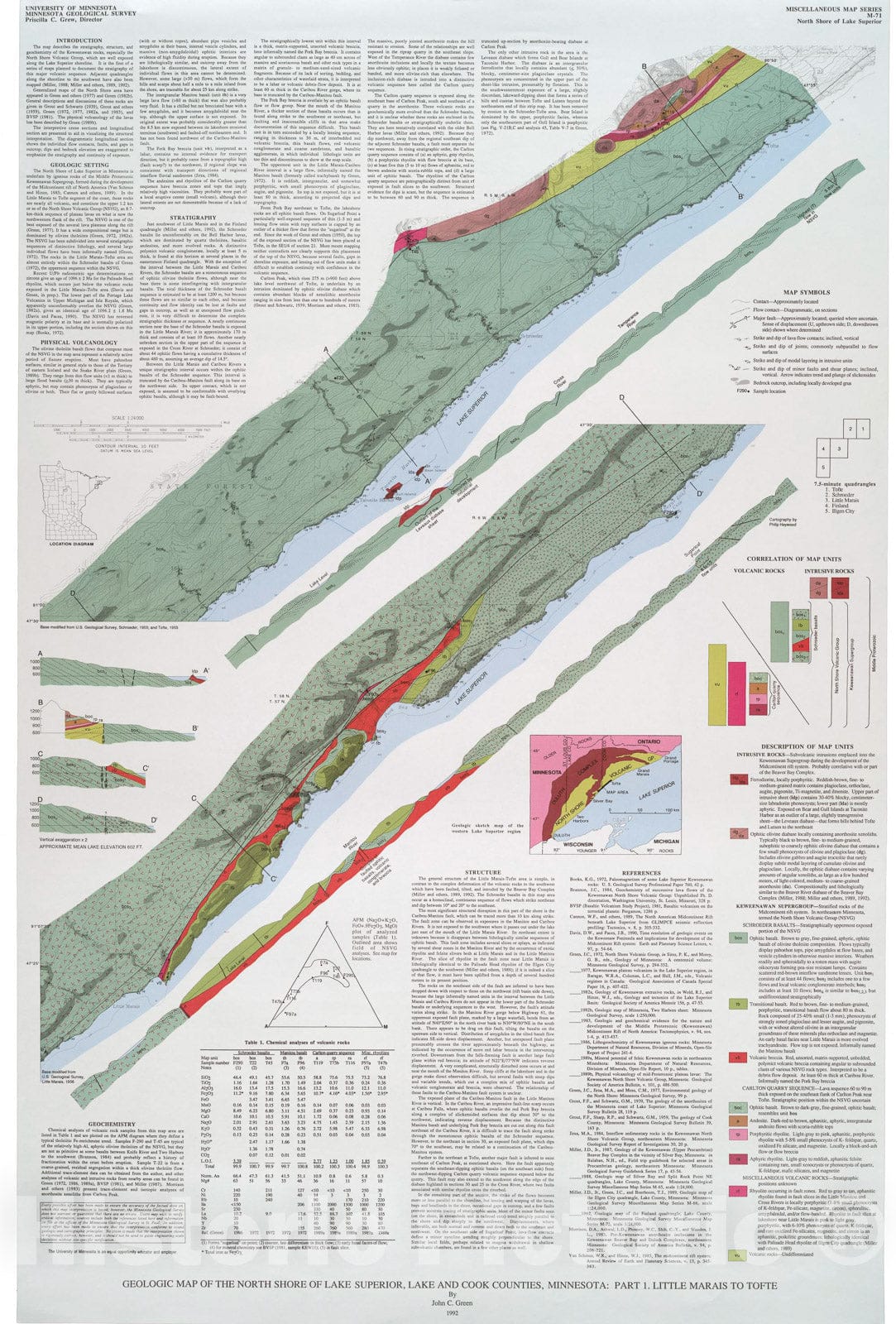 Map : Geologic map of the North Shore of Lake Superior, Lake and Cook Counties, Minnesota: Part 1. Little Marais to Tofte, 1992 Cartography Wall Art :