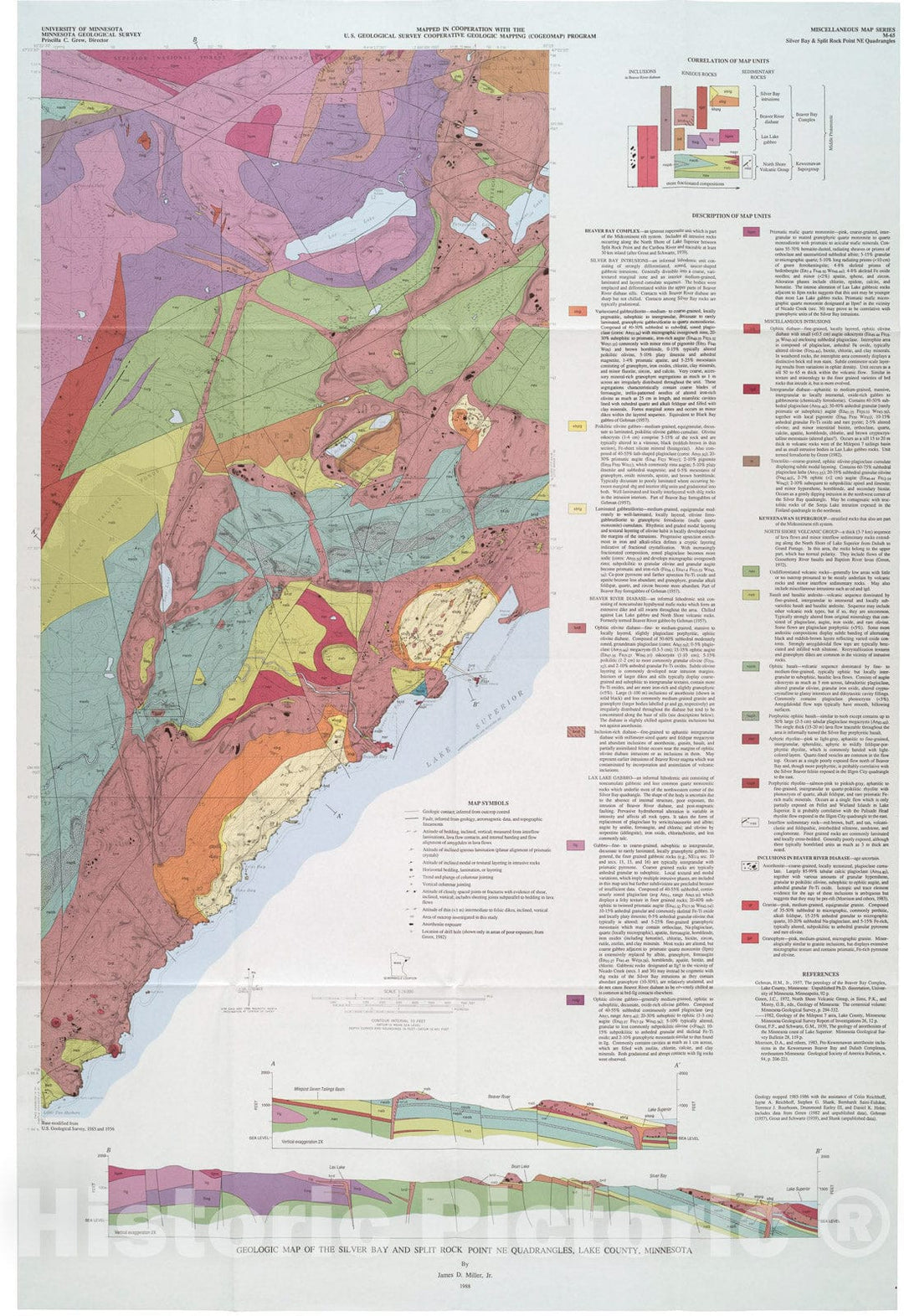 Map : Geologic map of the Silver Bay and Split Rock Point NE quadrangles, Lake County, Minnesota, 1988 Cartography Wall Art :