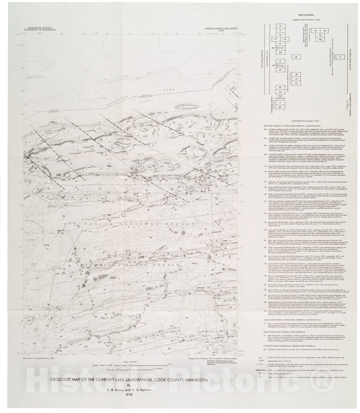 Map : Geologic map of the Gunflint Lake quadrangle, Cook County, Minnesota, 1978 Cartography Wall Art :