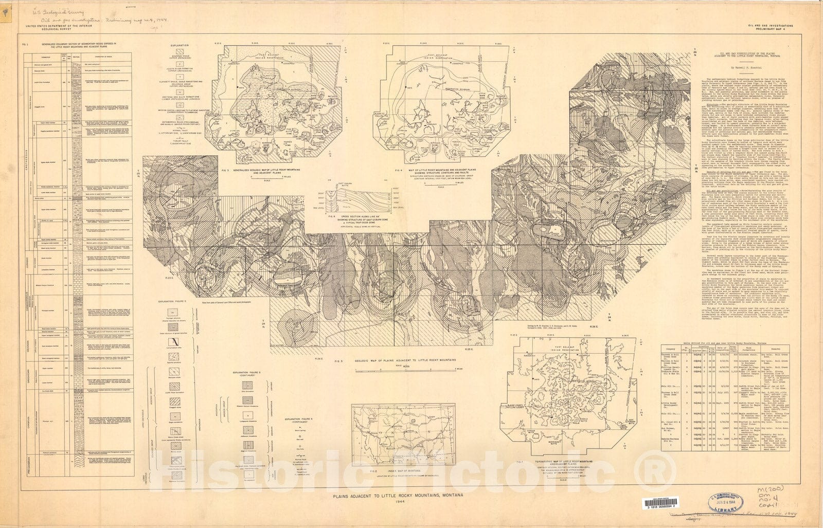 Map : Oil and gas possibilities of the plains adjacent to the Little Rocky Mountains, Montana, 1944 Cartography Wall Art :