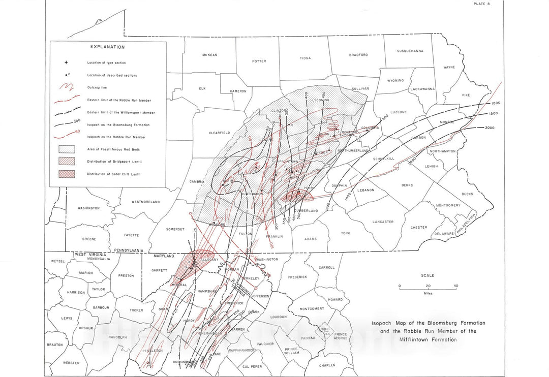 Map : Stratigraphy and paleontology of the Bloomsburg Formation of Pennsylvania and adjacent states, 1961 Cartography Wall Art :