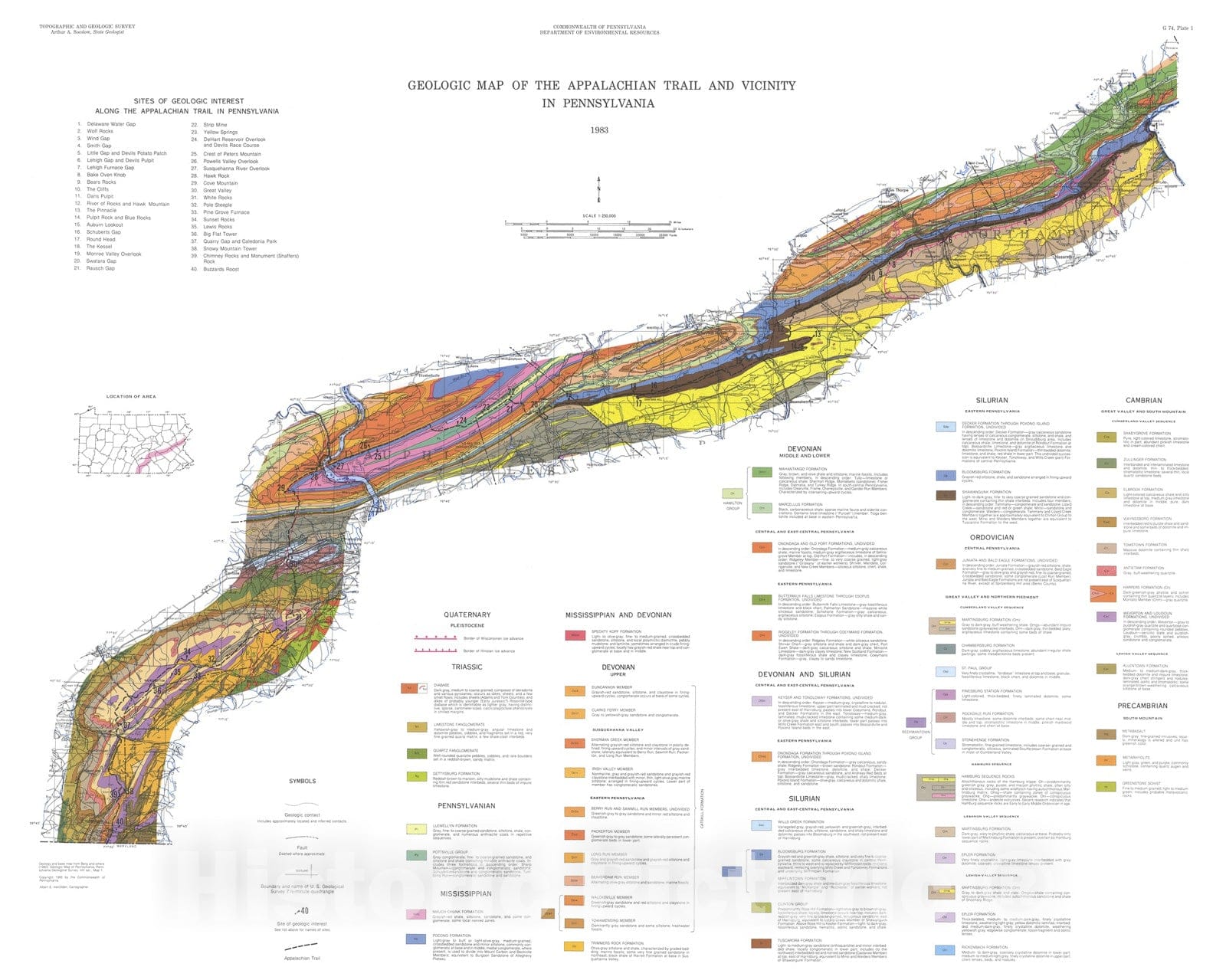 Map : Geology of the Appalachian Trail in Pennsylvania, 1983 Cartography Wall Art :