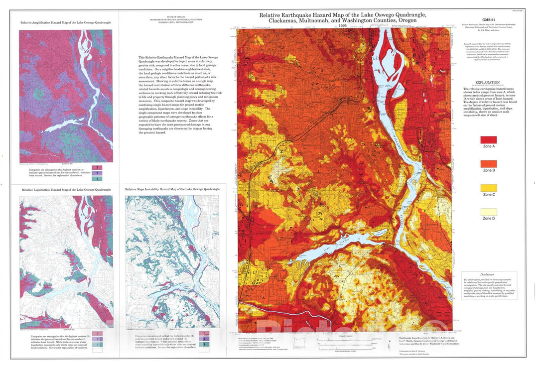 Map : Relative earthquake hazard map of the Lake Oswego quadrangle, Clackamas, Multnomah, and Washington Counties, 1995 Cartography Wall Art :