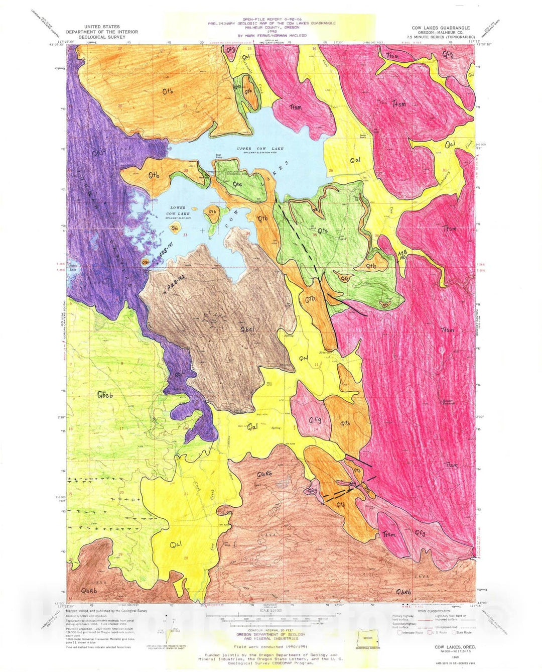 Map : Preliminary geologic map of the Cow Lakes quadrangle, Malheur County, 1992 Cartography Wall Art :