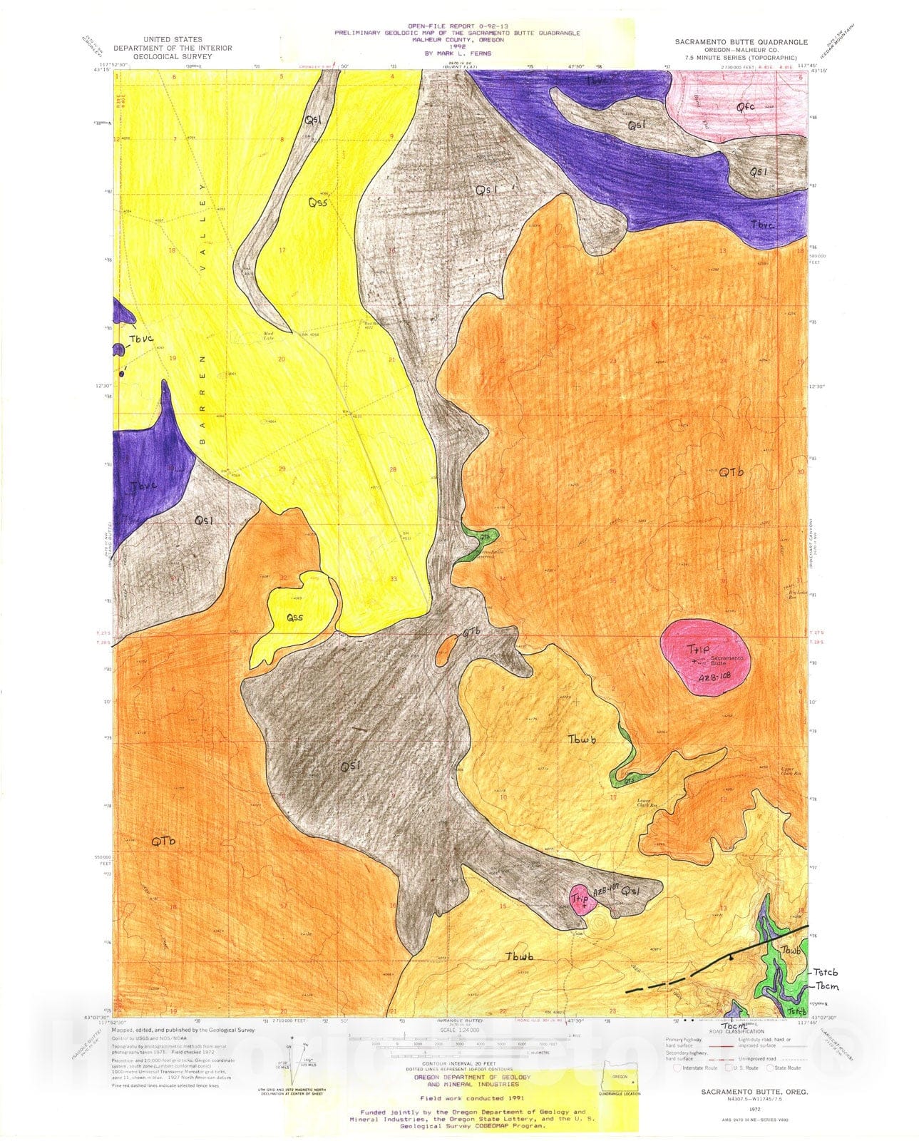 Map : Preliminary geologic map of the Sacramento Butte quadrangle, Malheur County, 1992 Cartography Wall Art :