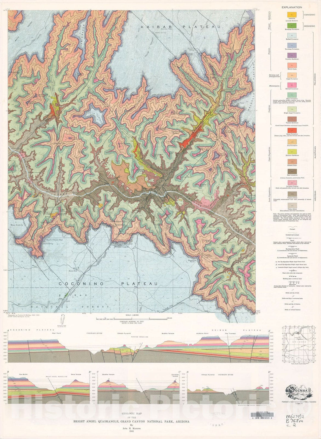 Map : Geologic map of the Bright Angel quadrangle, Grand Canyon National Park, Arizona, 1961 Cartography Wall Art :