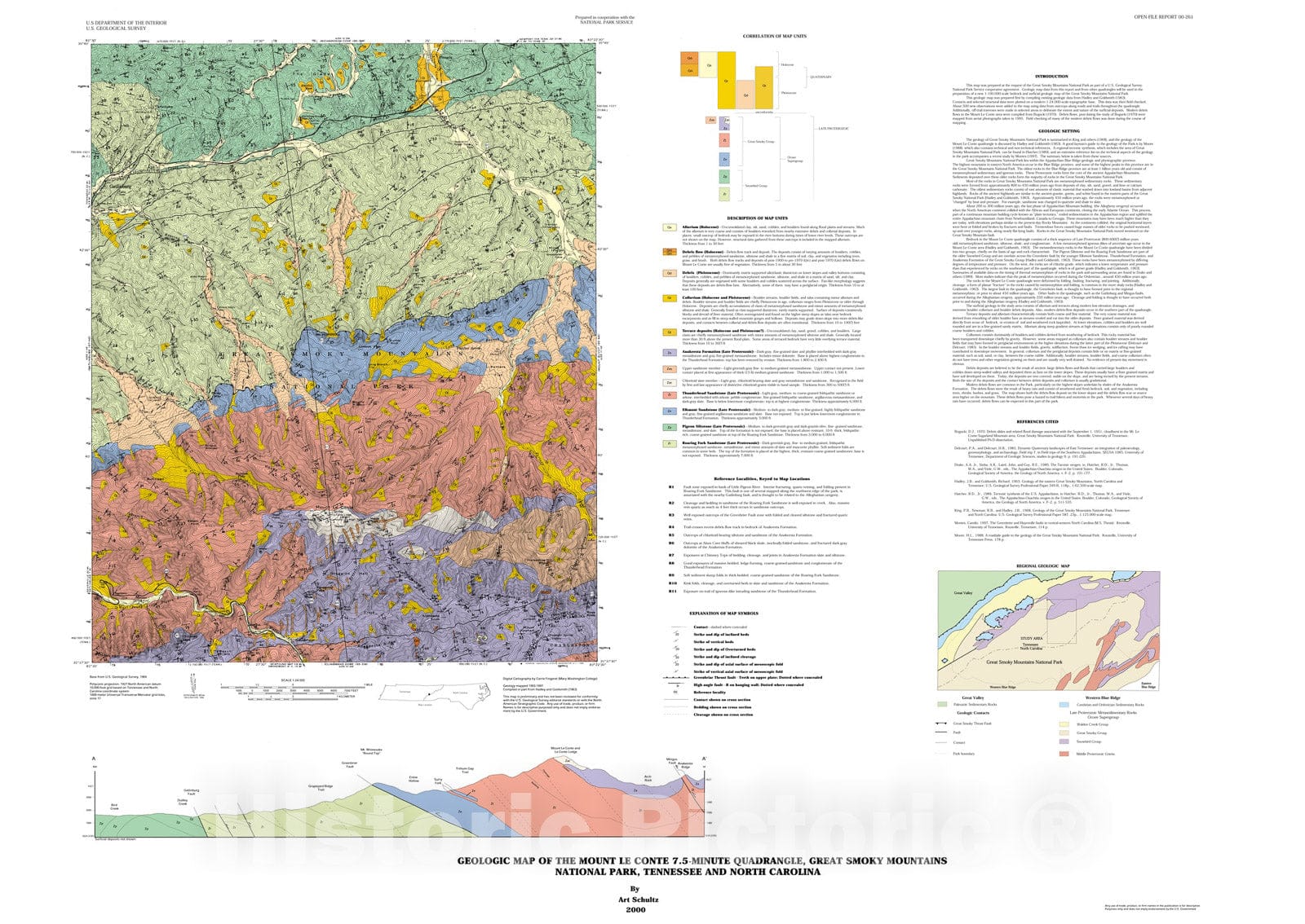 Map : Geology of the Mount Le Conte 7.5-minute quadrangle, Great Smoky Mountains National Park, Tennessee and North Carolina, 2000 Cartography Wall Art :