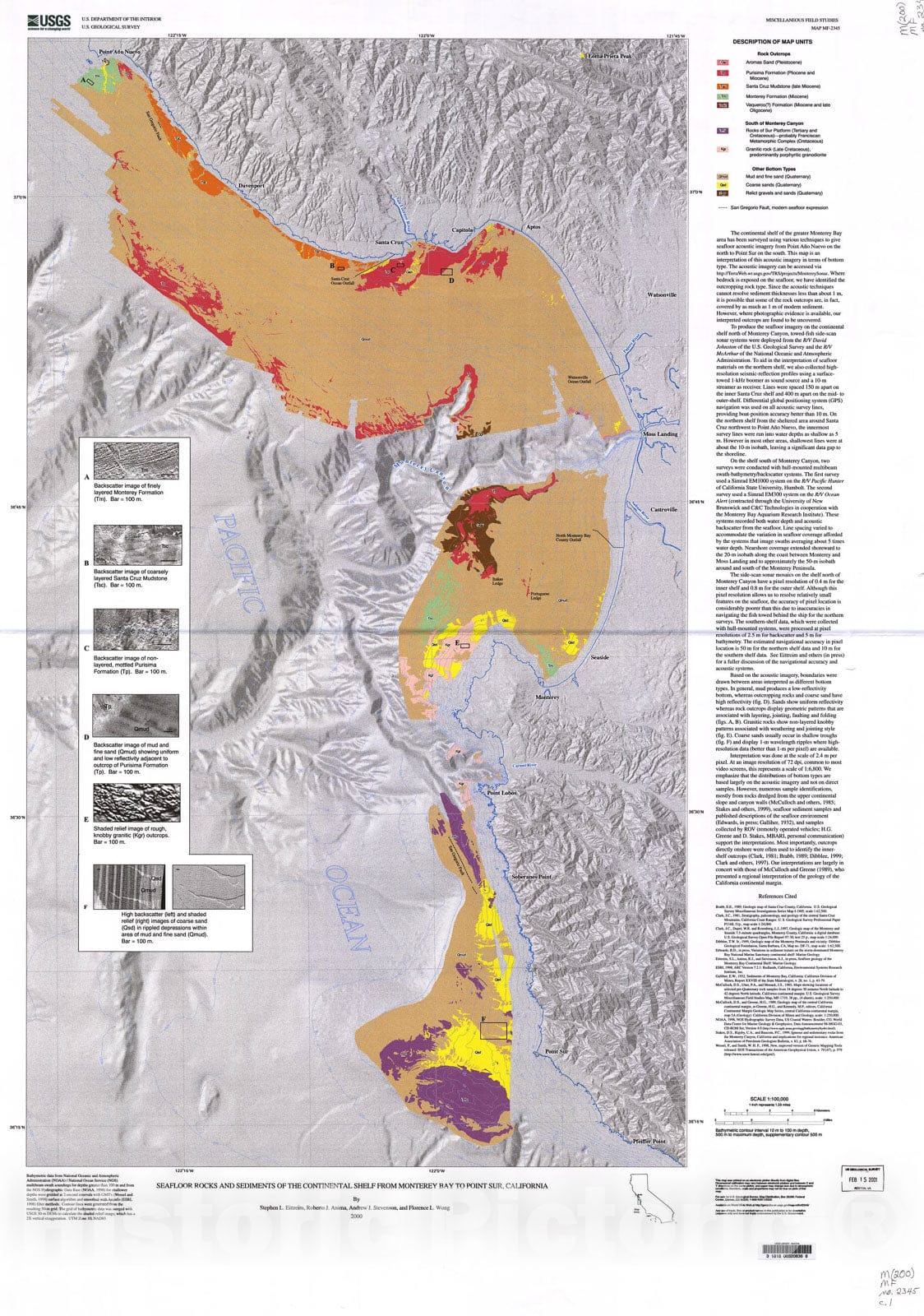 Map : Seafloor rocks and sediments of the continental shelf from Monterey Bay to Point Sur, California, 2000 Cartography Wall Art :