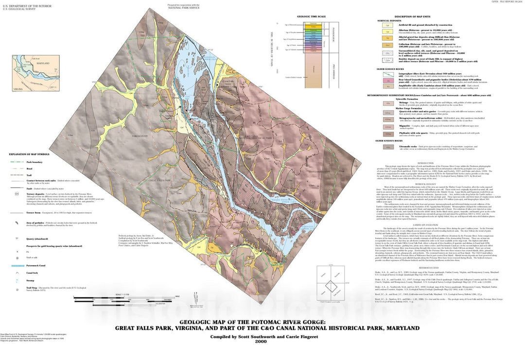 Map : Geologic map of the Potomac River gorge: Great Falls Park, Virginia, and part of the C & O Canal National Historical Park, Maryland, 2000 Cartography Wall Art :