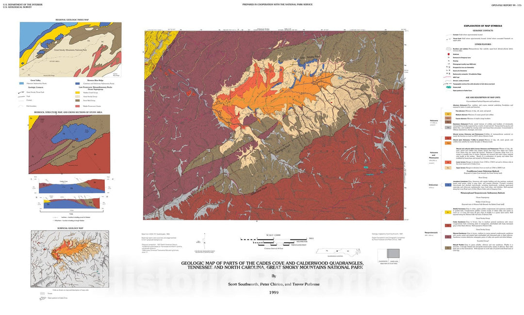 Map : Geologic map of [parts of the] Cades Cove and Calderwood quadrangles, Tennessee and North Carolina, Great Smoky Mountains National Park, 2000 Cartography Wall Art :