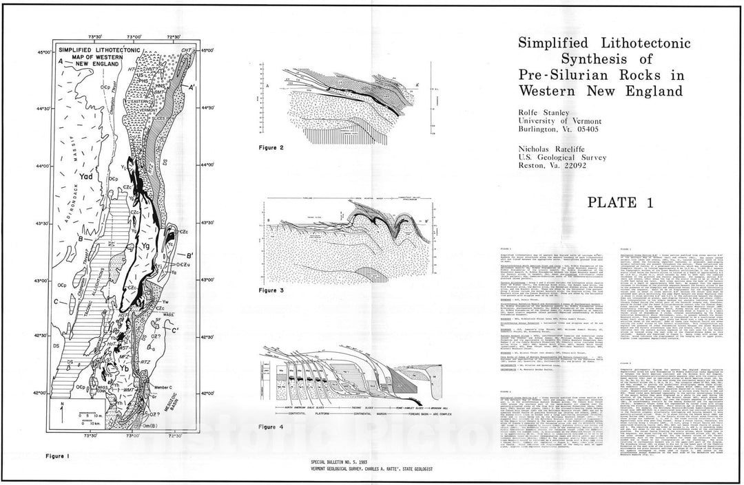 Map : Simplified Lithotectonic Synthesis of pre-Silurian Rocks in Western New England, 1983 Cartography Wall Art :