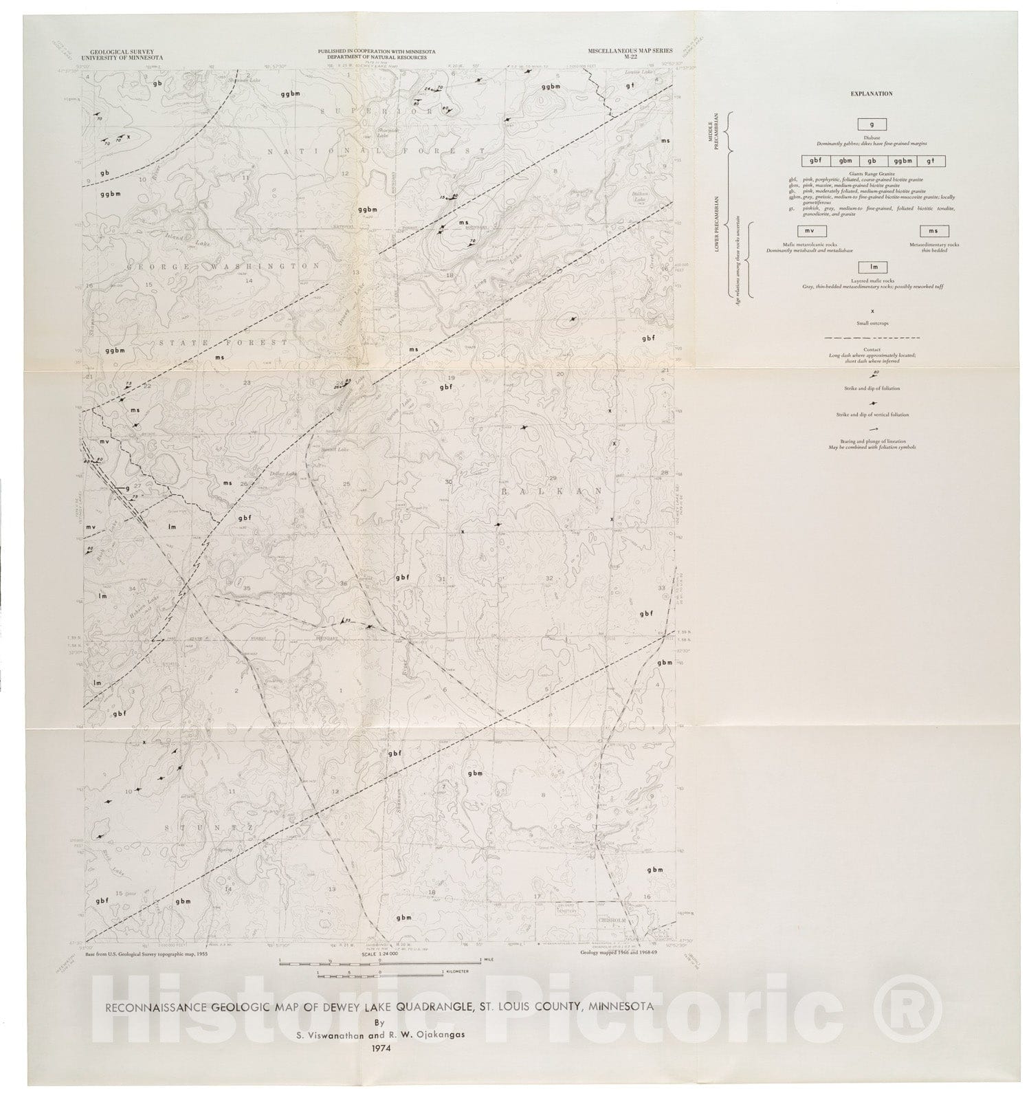 Map : Reconnaissance geologic map of Dewey Lake quadrangle, St. Louis County, Minnesota, 1974 Cartography Wall Art :