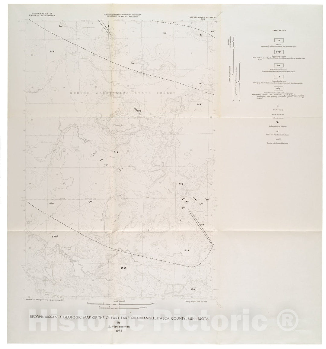 Map : Reconnaissance geologic map of O'Leary Lake quadrangle, Itasca County, Minnesota, 1974 Cartography Wall Art :