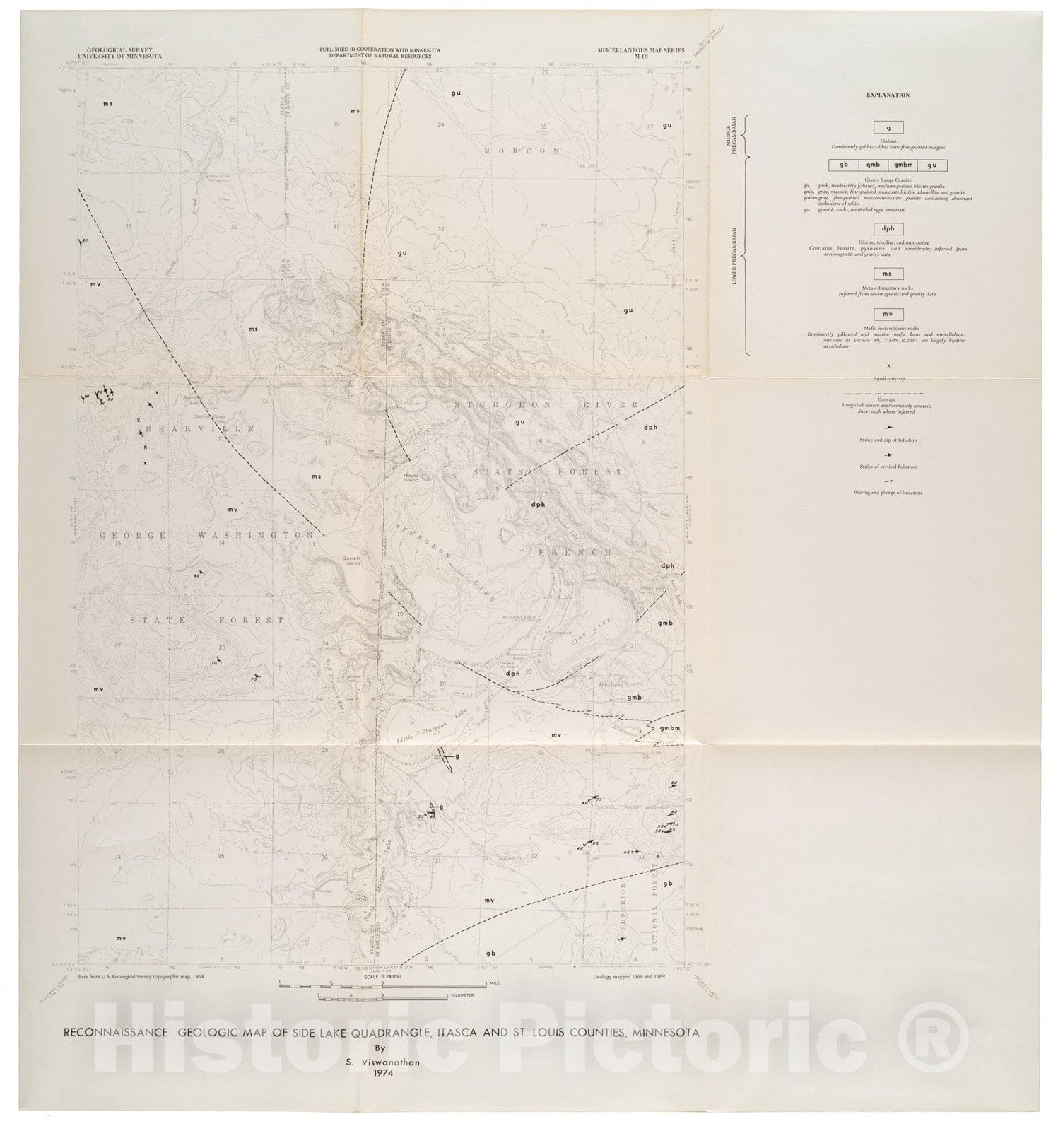 Map : Reconnaissance geologic map of Side Lake quadrangle, Itasca and St. Louis Counties, Minnesota, 1974 Cartography Wall Art :