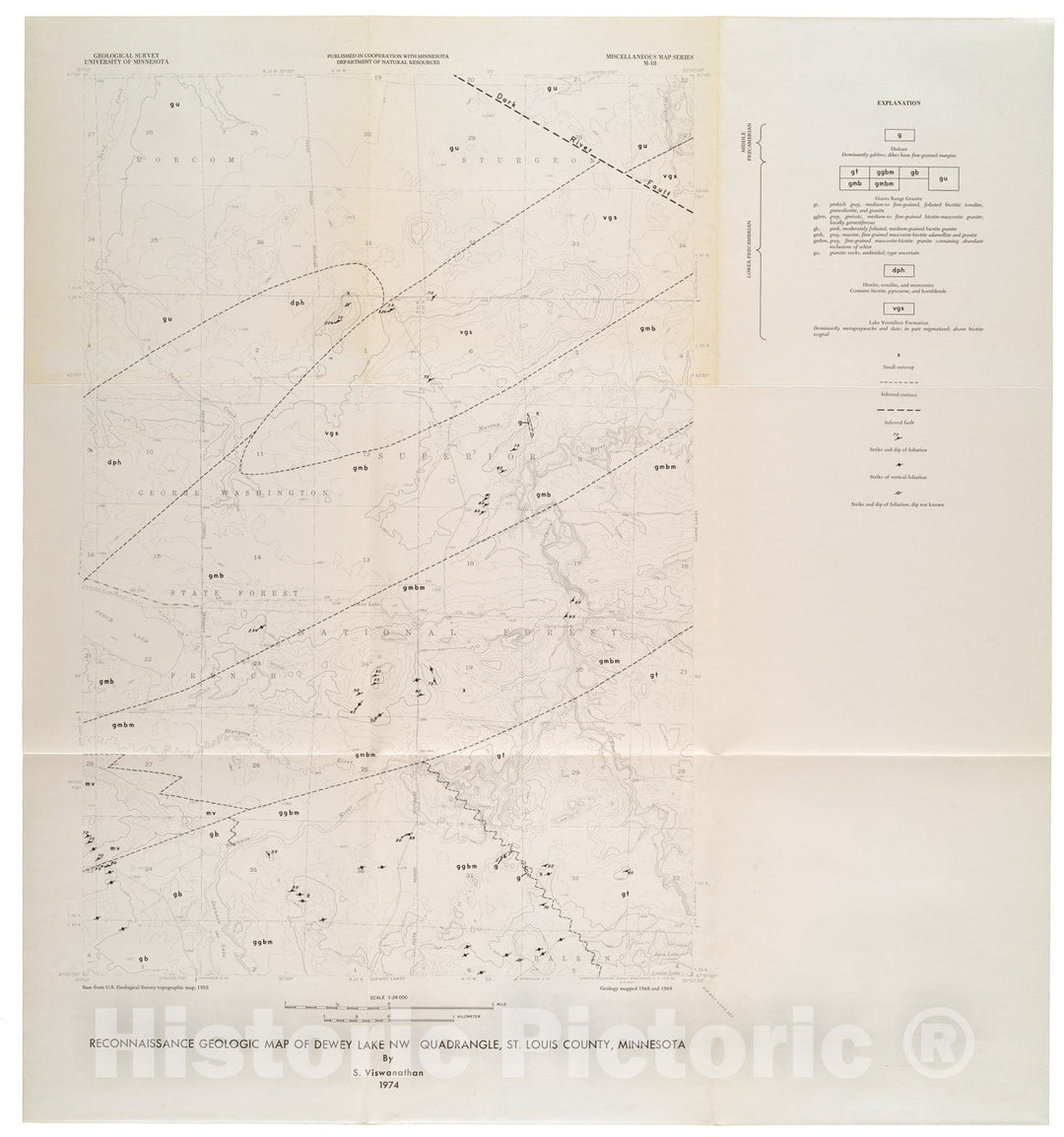 Map : Reconnaissance geologic map of Dewey Lake NW quadrangle, St. Louis County, Minnesota, 1974 Cartography Wall Art :