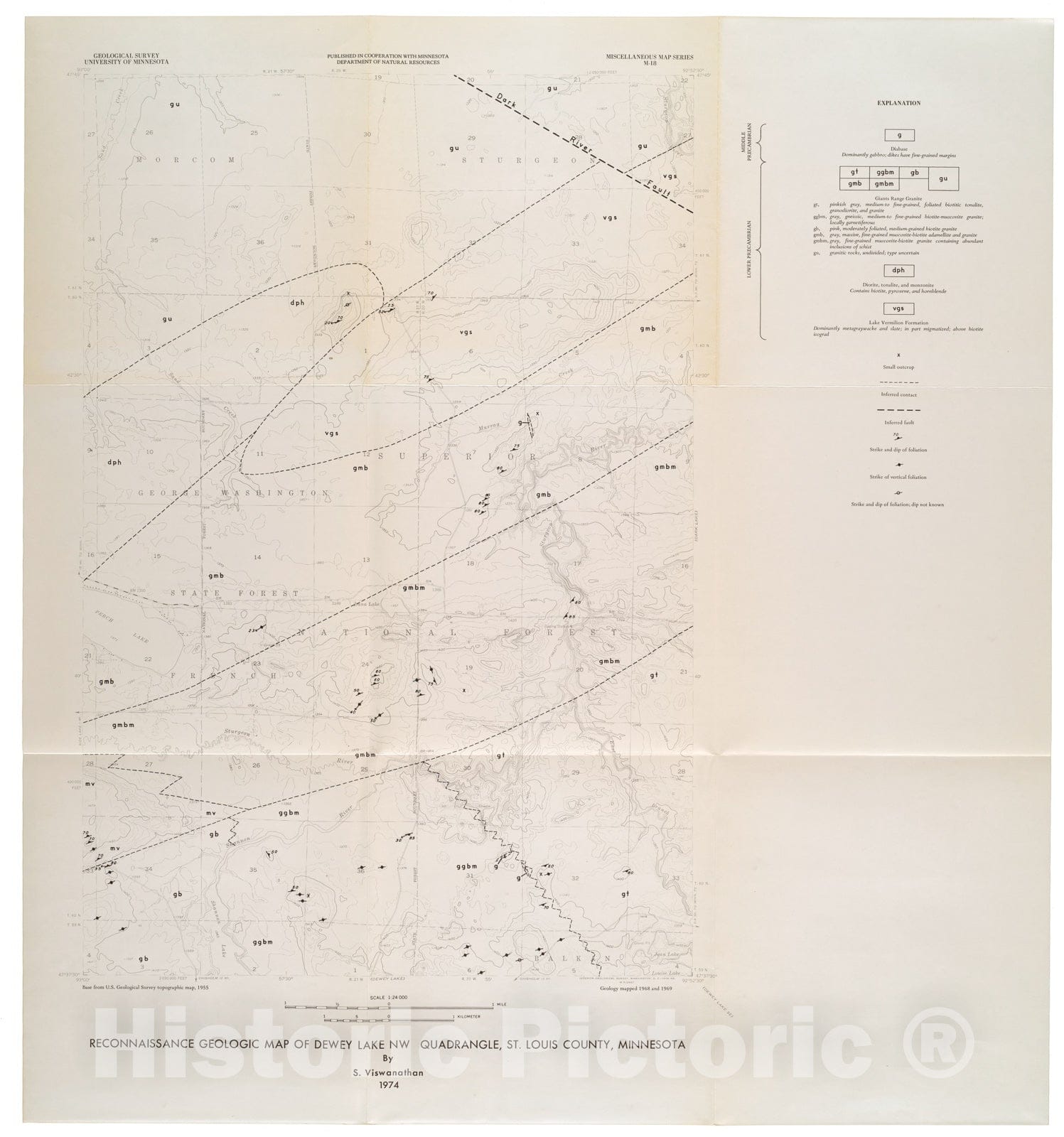 Map : Reconnaissance geologic map of Dewey Lake NW quadrangle, St. Louis County, Minnesota, 1974 Cartography Wall Art :