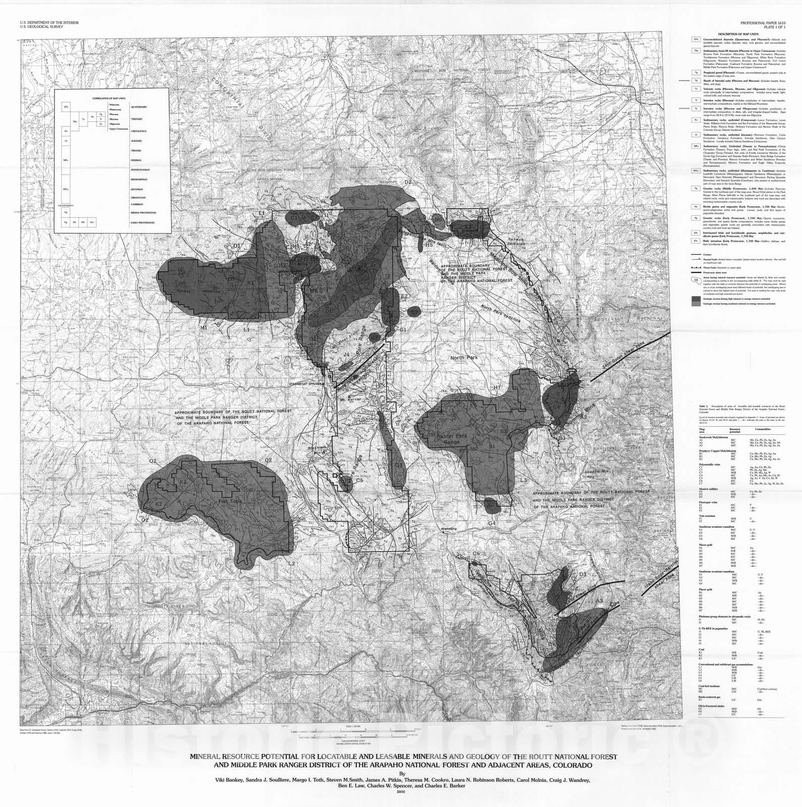 Map : Mineral resource potential and geology of the Routt National Forest and the Middle Park Ranger District of the Arapaho National Fo, 2000 Cartography Wall Art :