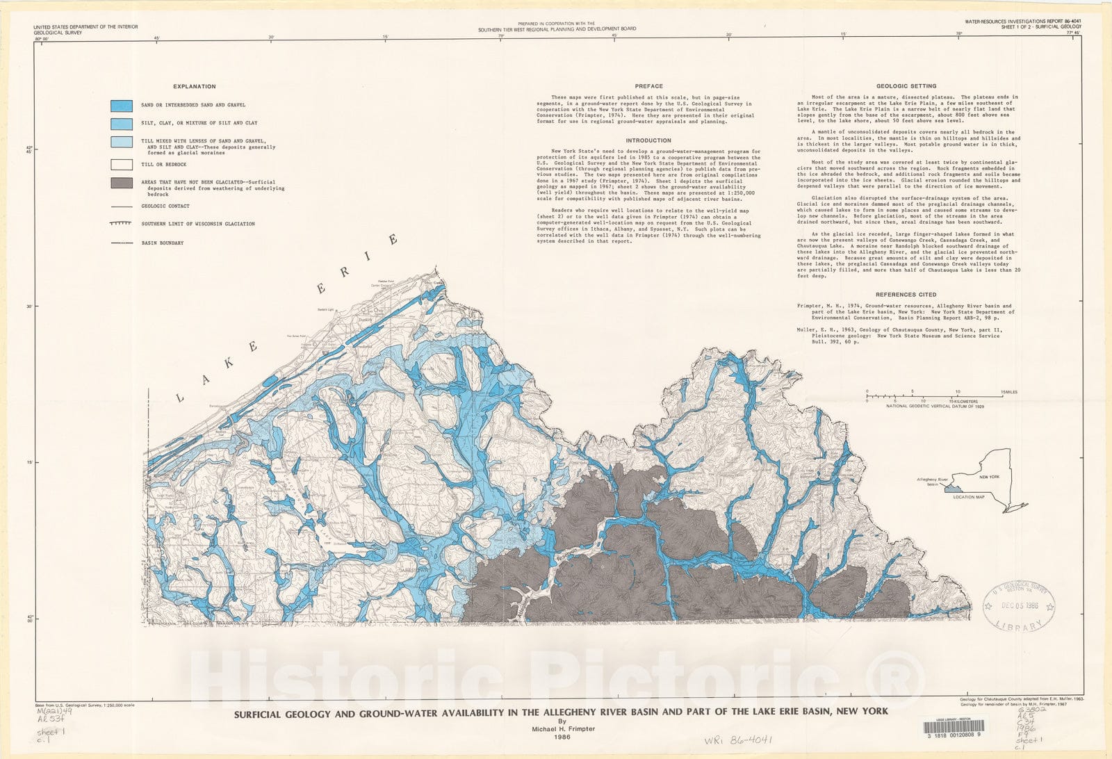 Map : Surficial geology and ground-water availability in the Allegheny River basin and part of the Lake Erie basin, New York, 1986 Cartography Wall Art :