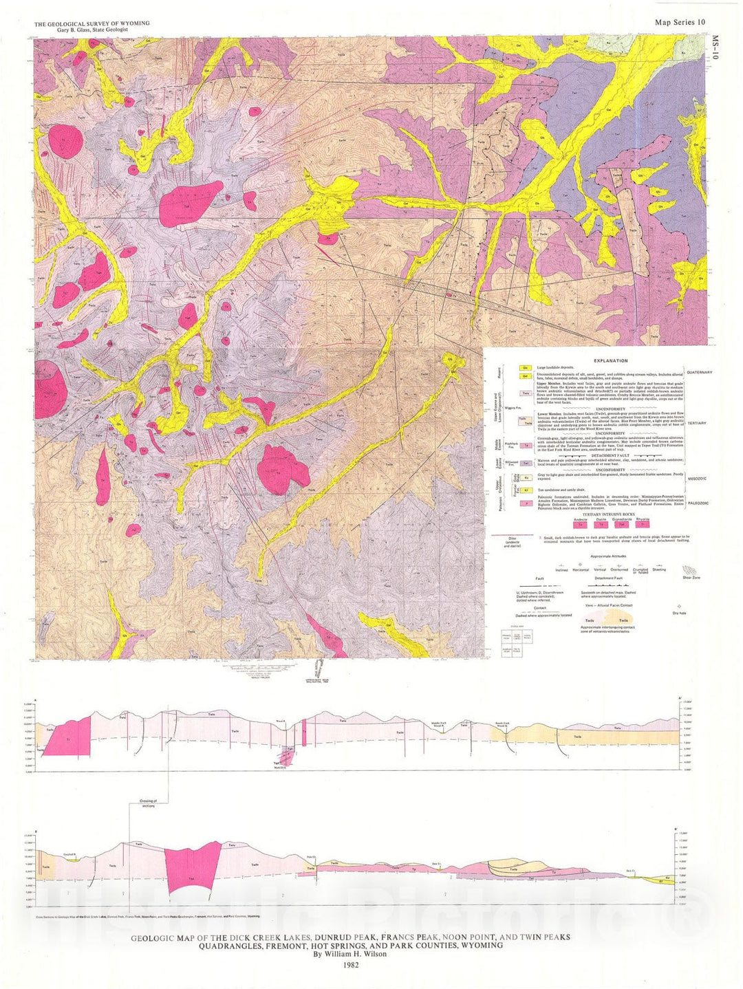 Map : Geologic map of the Dick Creek Lakes, Dunrud Peak, Francs Peak, Noon Point, and Twin Peak Quadrangles, Fremont, Hot Springs, and Park Counties, Wyoming, 1982 Cartography Wall Art :