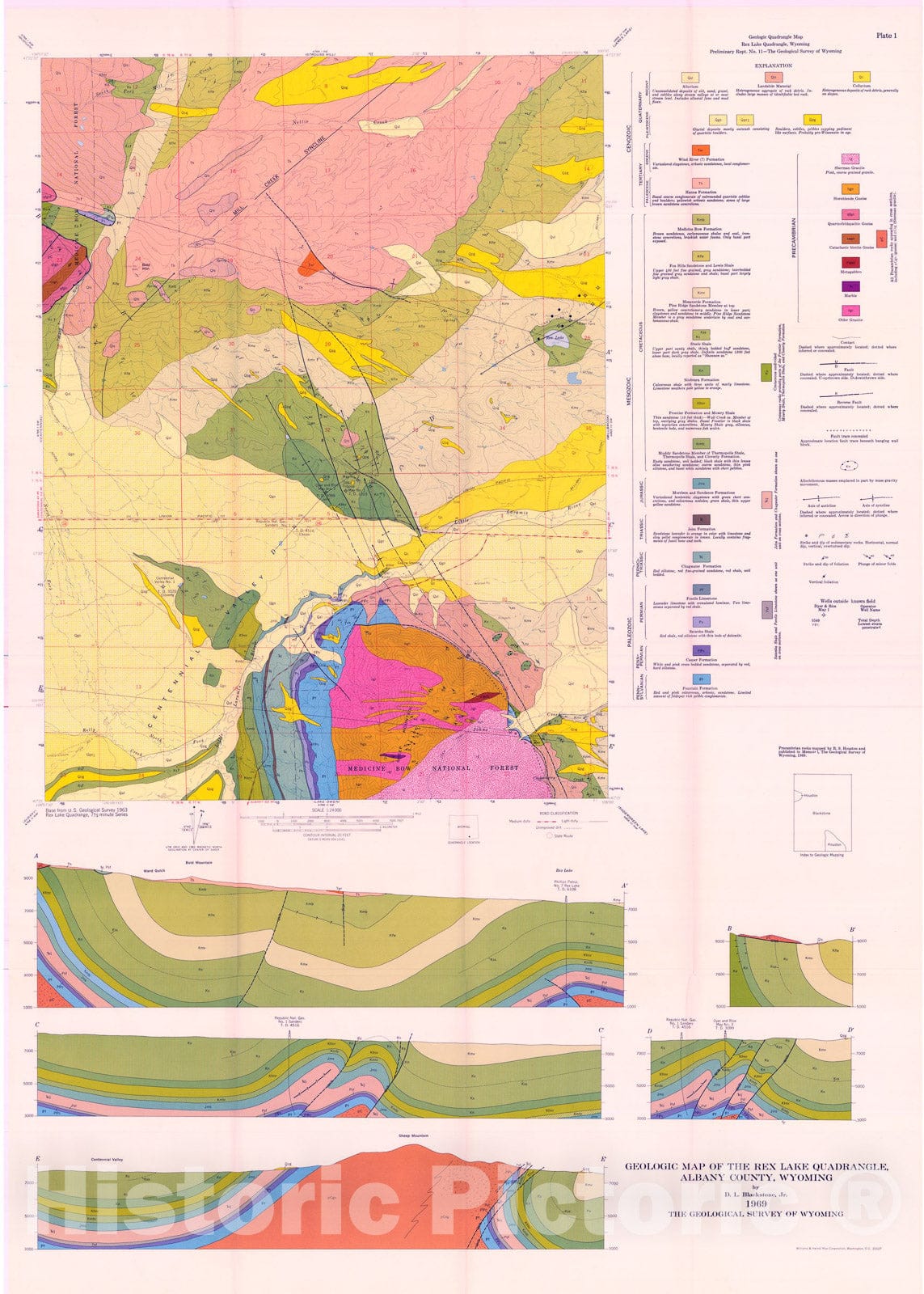 Map : Structural geology of the Rex Lake Quadrangle, Laramie Basin, Wyoming, 1969 Cartography Wall Art :