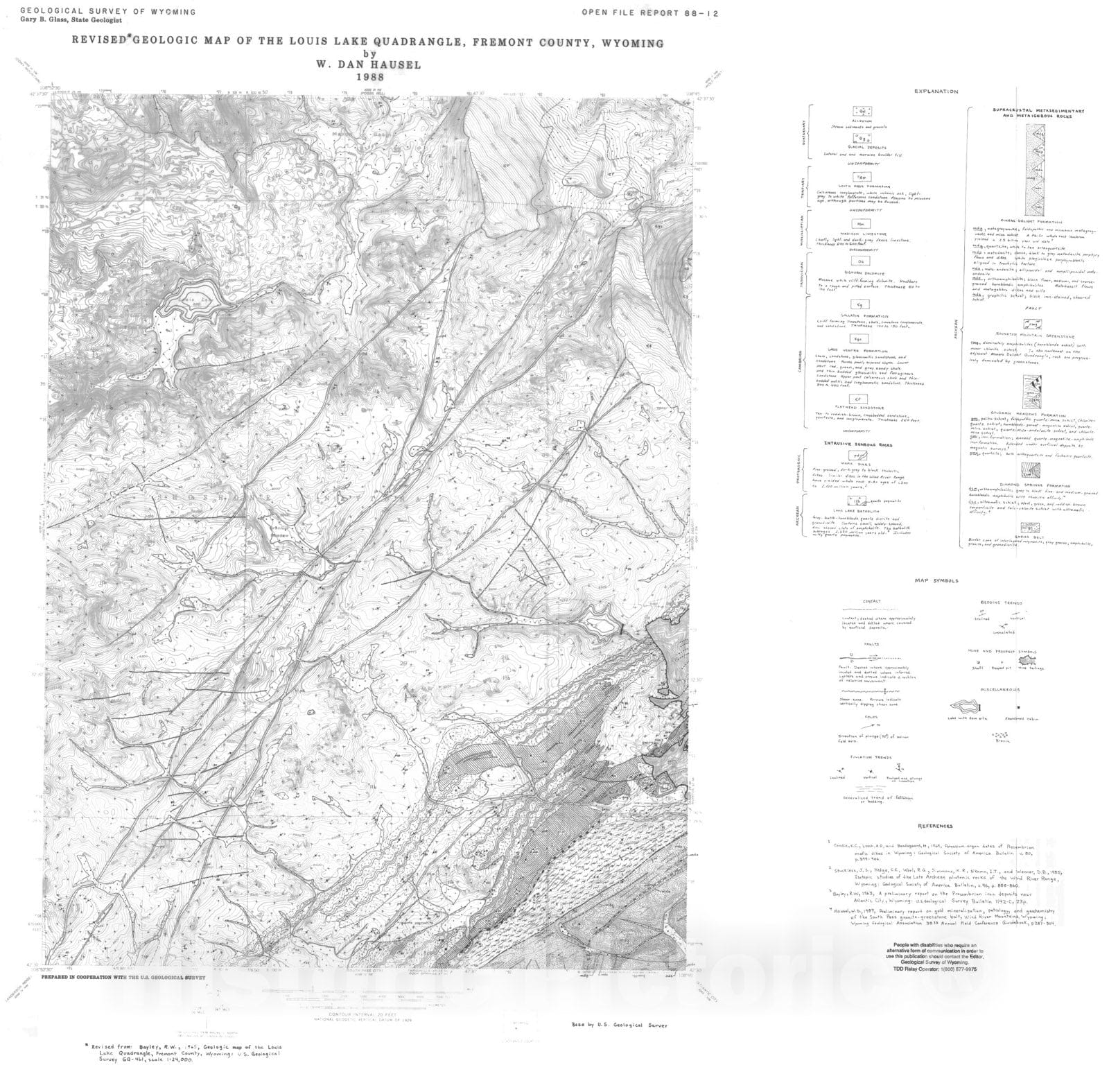 Map : Revised geologic map of the Louis Lake Quadrangle, Fremont County, Wyoming, 1988 Cartography Wall Art :