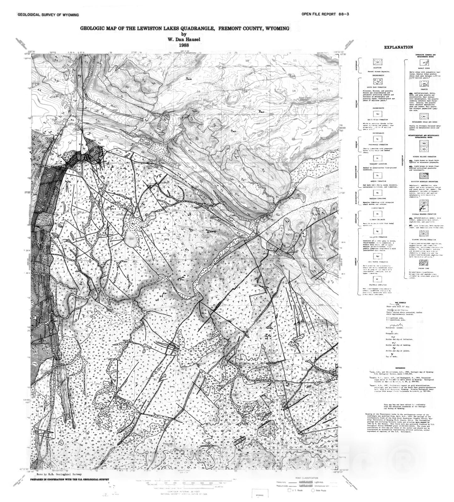 Map : Geologic map of the Lewiston Lakes Quadrangle, Fremont County, Wyoming, 1988 Cartography Wall Art :