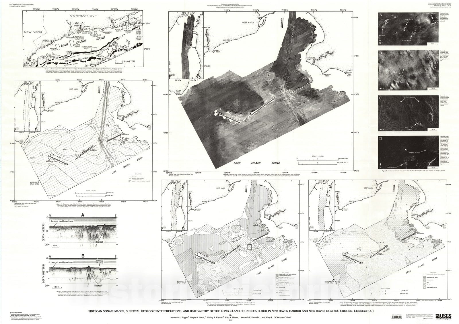 Map : Sidescan sonar images, surficial geologic interpretations, and bathymetry of the Long Island Sound sea floor in New Haven Harbor,, 2000 Cartography Wall Art :