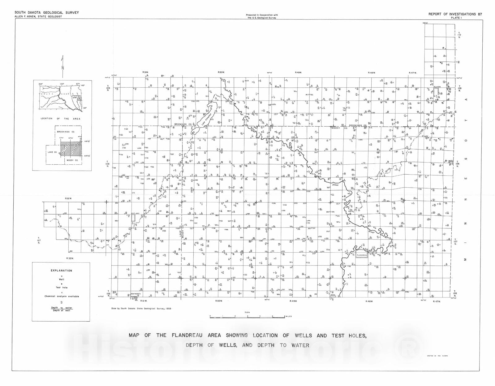 Map : Geology and ground-water resources of glacial deposits in the Flandreau area, Brookings, Moody, and Lake Counties, South Dakota, 1961 Cartography Wall Art :