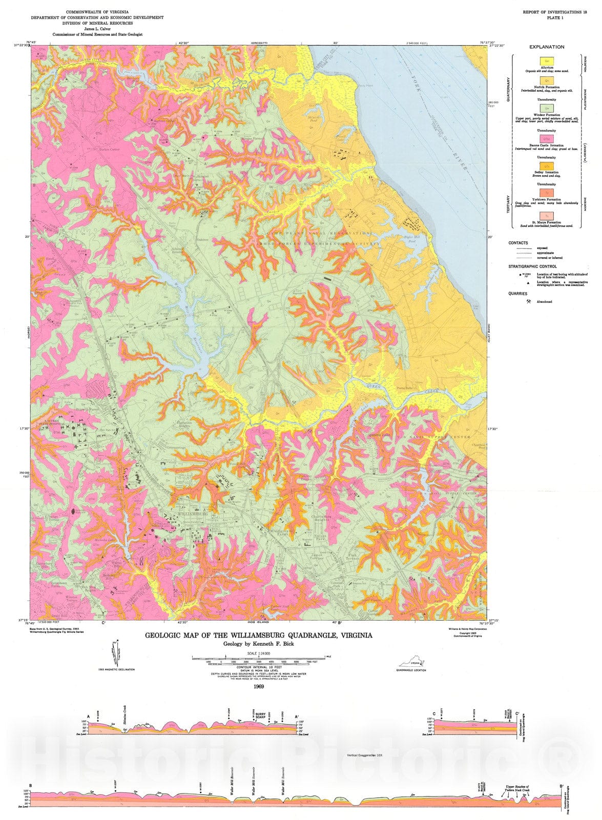 Map : Geology of the Williamsburg, Hog Island, and Bacons Castle quadrangles, Virginia, 1969 Cartography Wall Art :