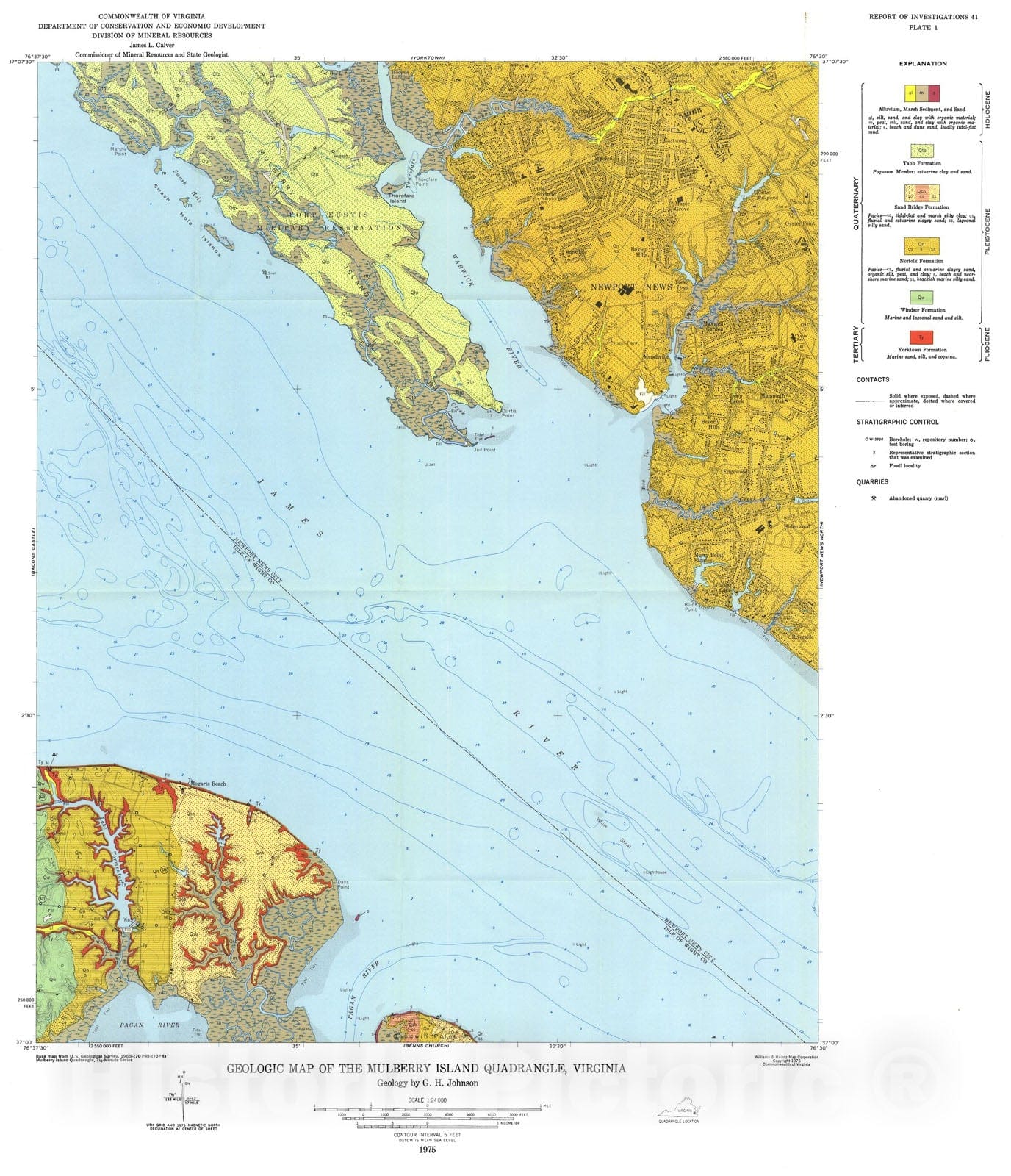 Map : Geology of the Mulberry Island, Newport News North, and Hampton quadrangles, Virginia, 1976 Cartography Wall Art :