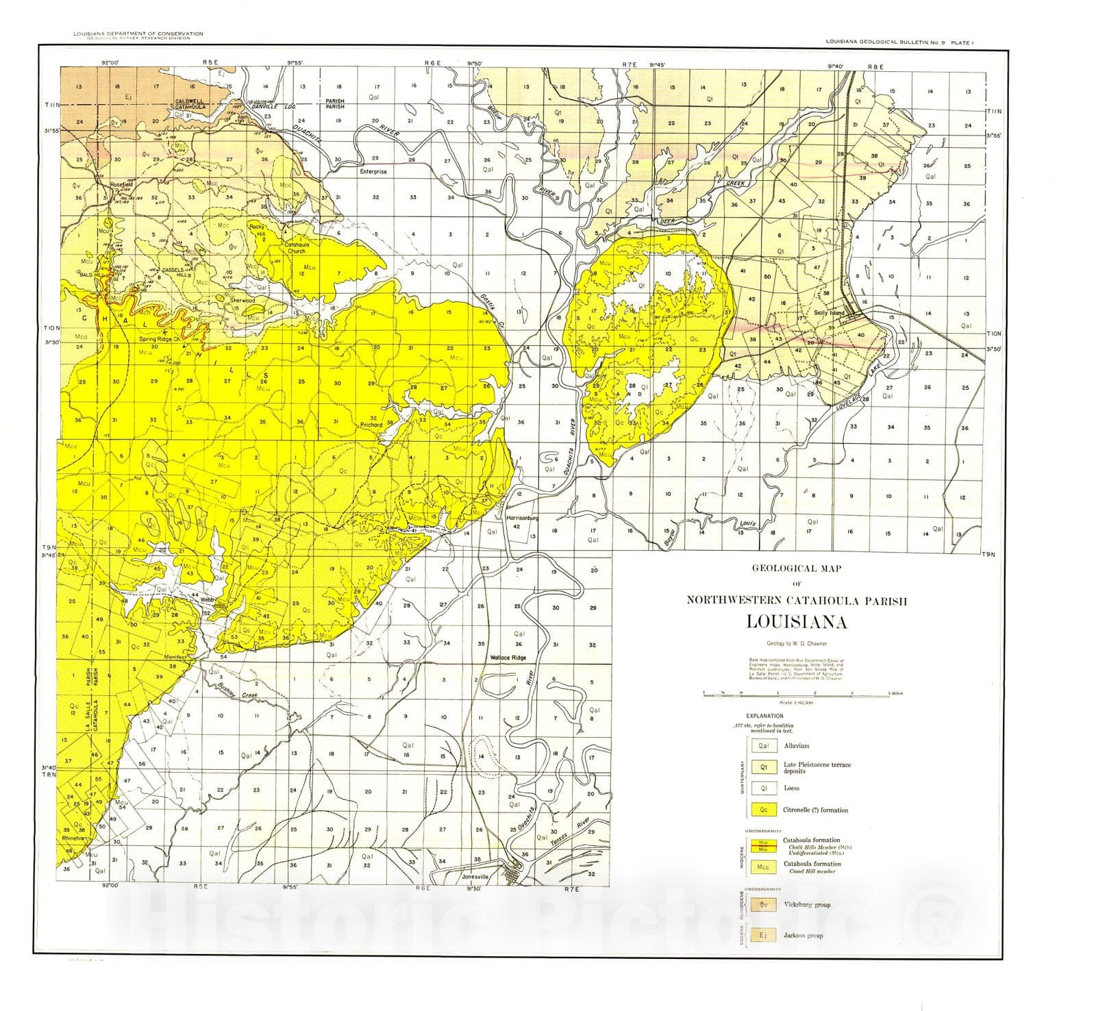 Map : Geology of Catahoula and Concordia Parishes, 1936 Cartography Wall Art :