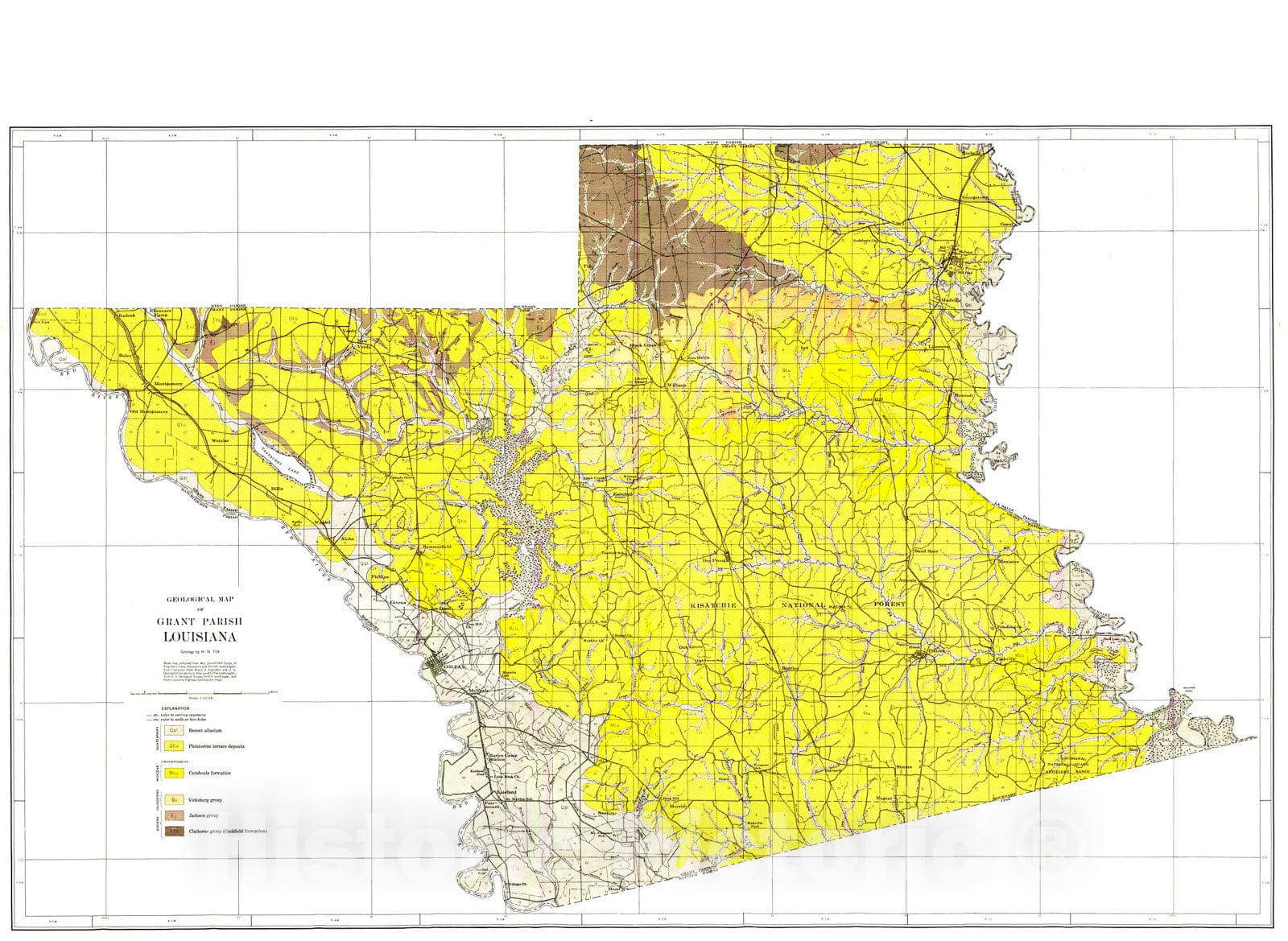 Map : Geology of Grant and La Salle Parishes, 1938 Cartography Wall Art :