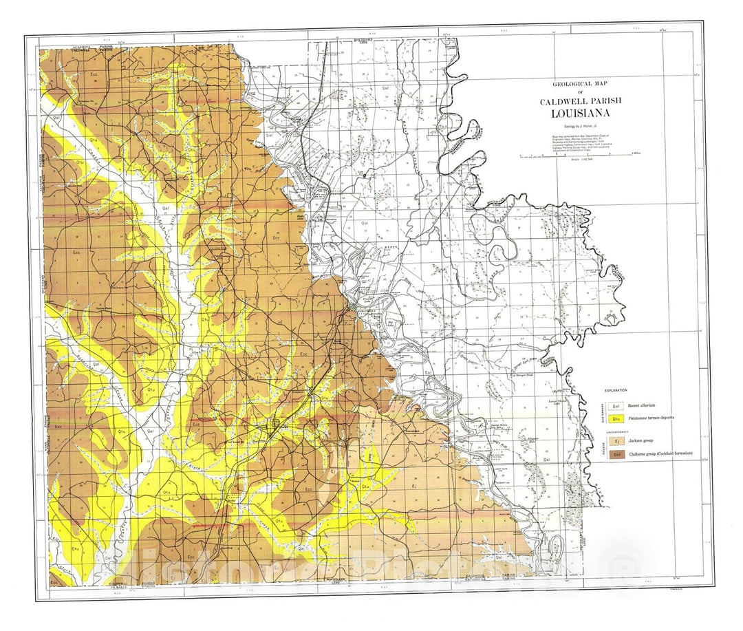 Map : Geology of Caldwell and Winn Parishes, 1939 Cartography Wall Art :