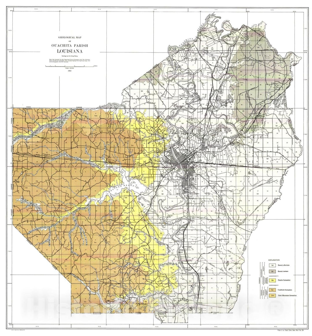 Map : Geology of Ouachita Parish, 1952 Cartography Wall Art :