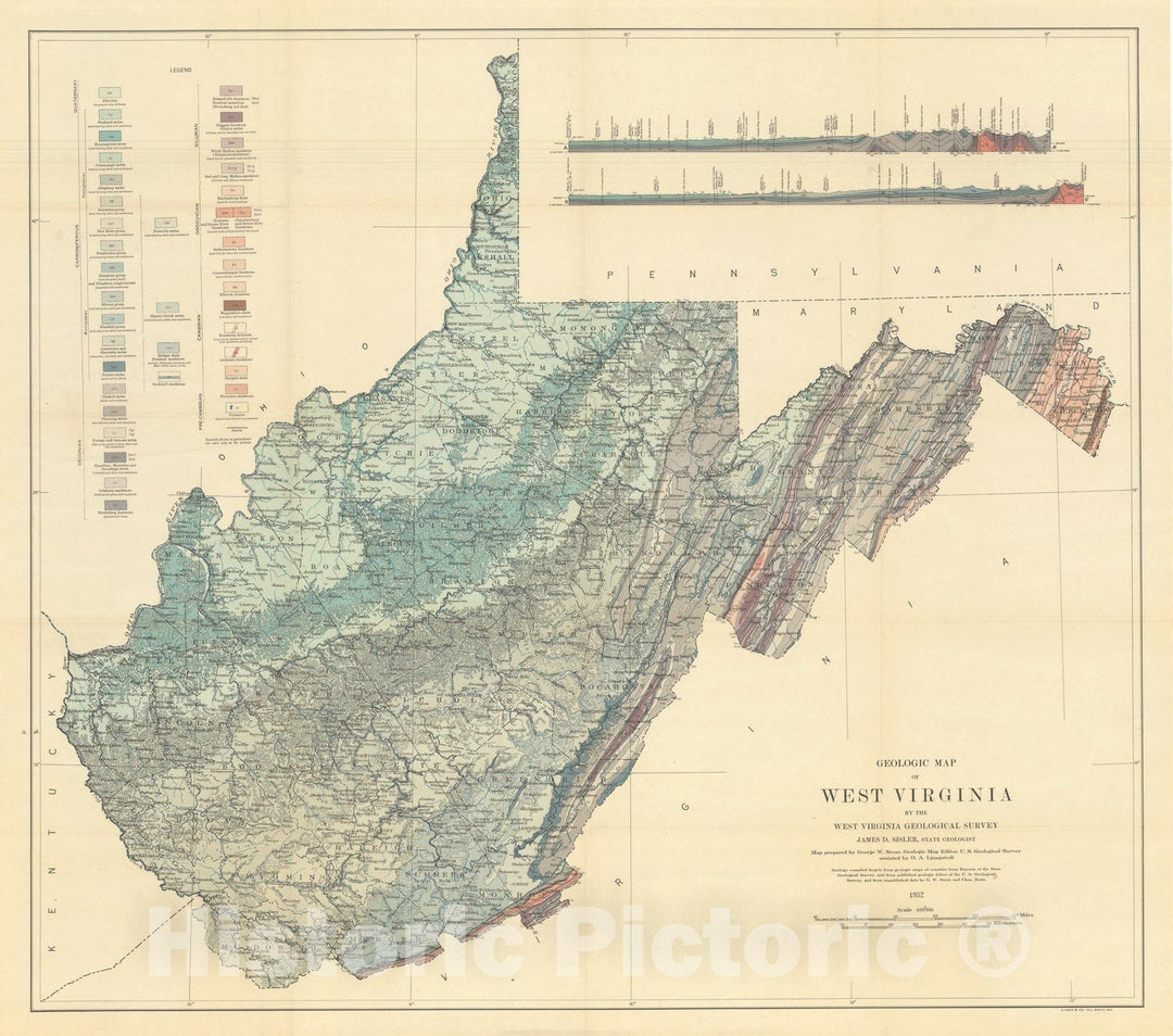 Map : Geologic Map of West Virginia, 1932 Cartography Wall Art :