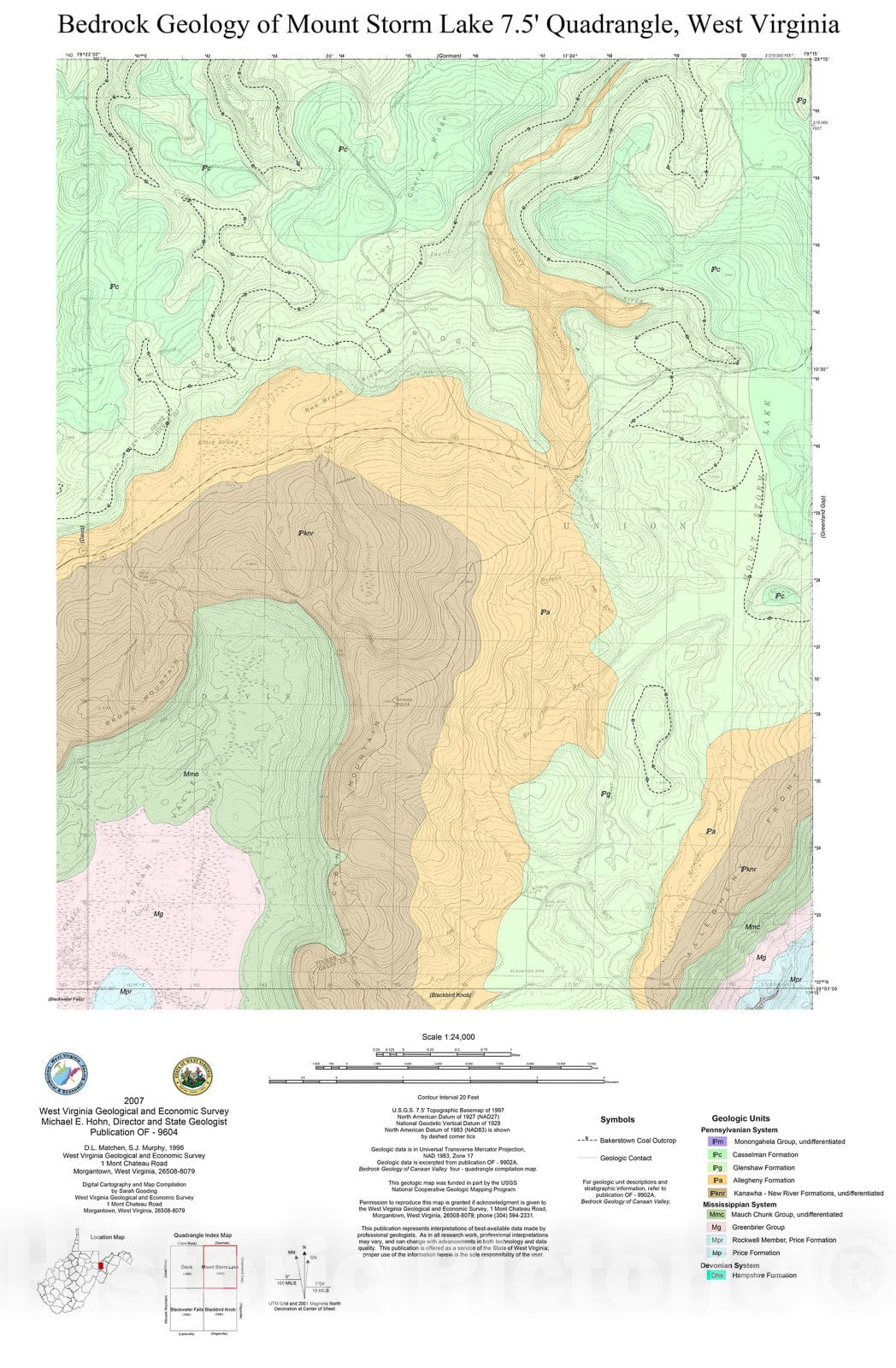 Map : Bedrock Geology of the Mount Storm Lake Quadrangle, Grant and Tucker Counties, WV, 1996 Cartography Wall Art :