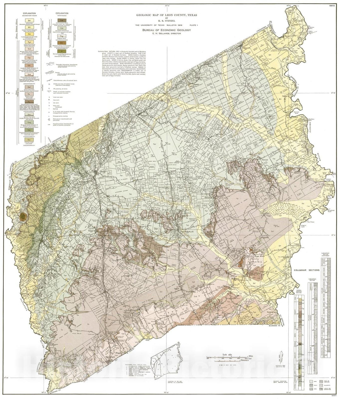 Map : Geologic Map of Leon County, Texas, 1938 Cartography Wall Art :