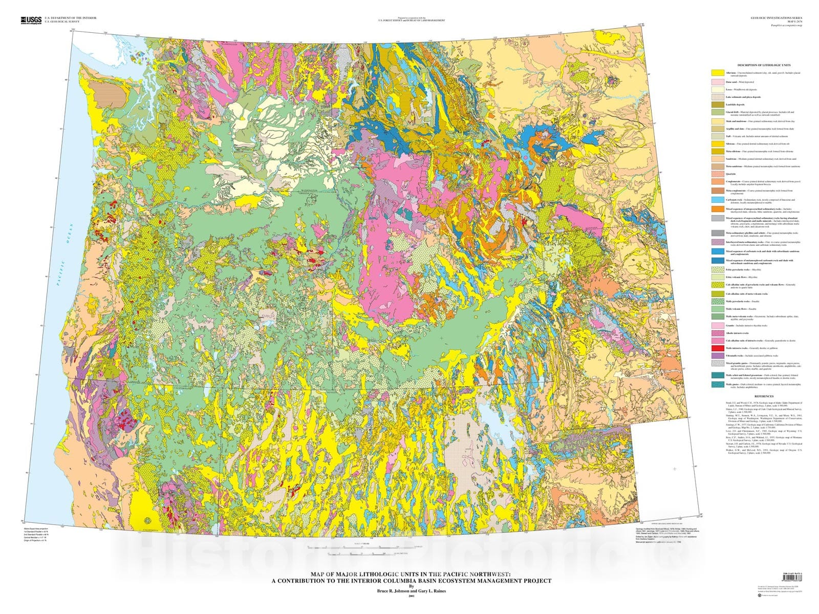 Map : Map of major lithologic units in the Pacific northwest: a contribution to the Interior Columbia Basin Ecosystem Management Project, 2001 Cartography Wall Art :