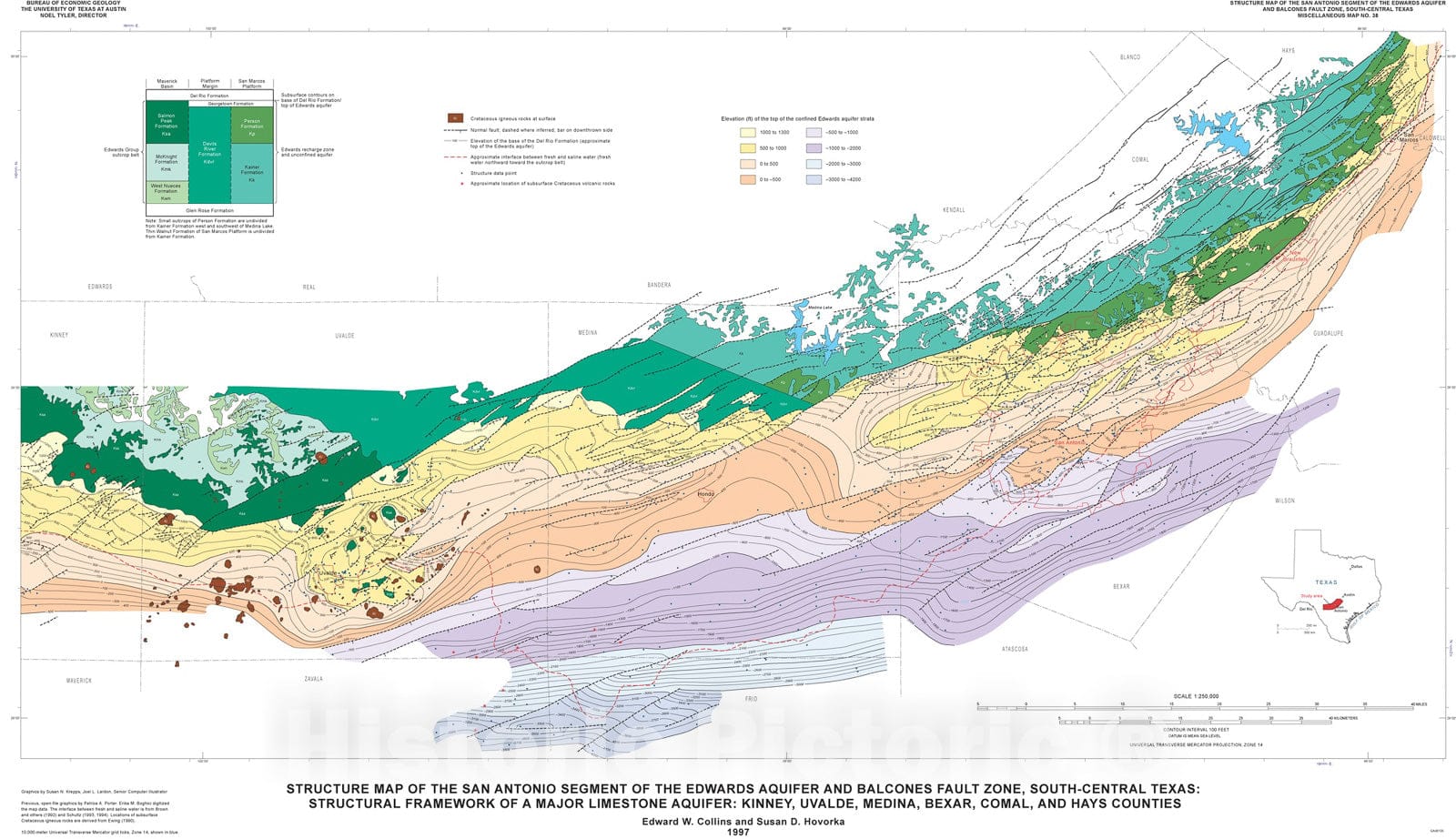 Map : Structure Map of the San Antonio Segment of the Edwards Aquifer and Balcones Fault Zone, South-Central Texas: Structural Framework, 1997 Cartography Wall Art :