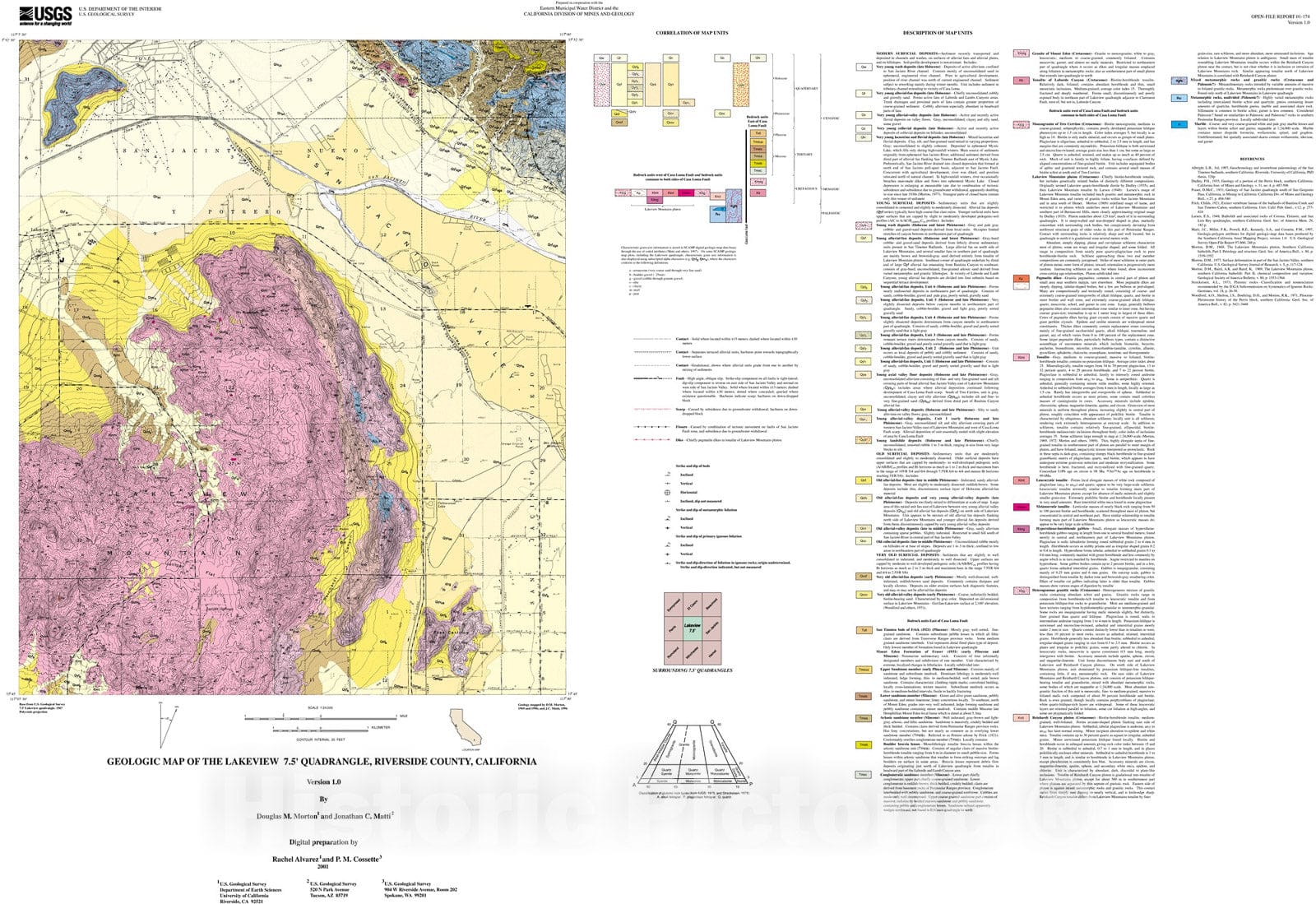 Map : Geologic map of the Lakeview 7.5' quadrangle, Riverside County, California, 2001 Cartography Wall Art :