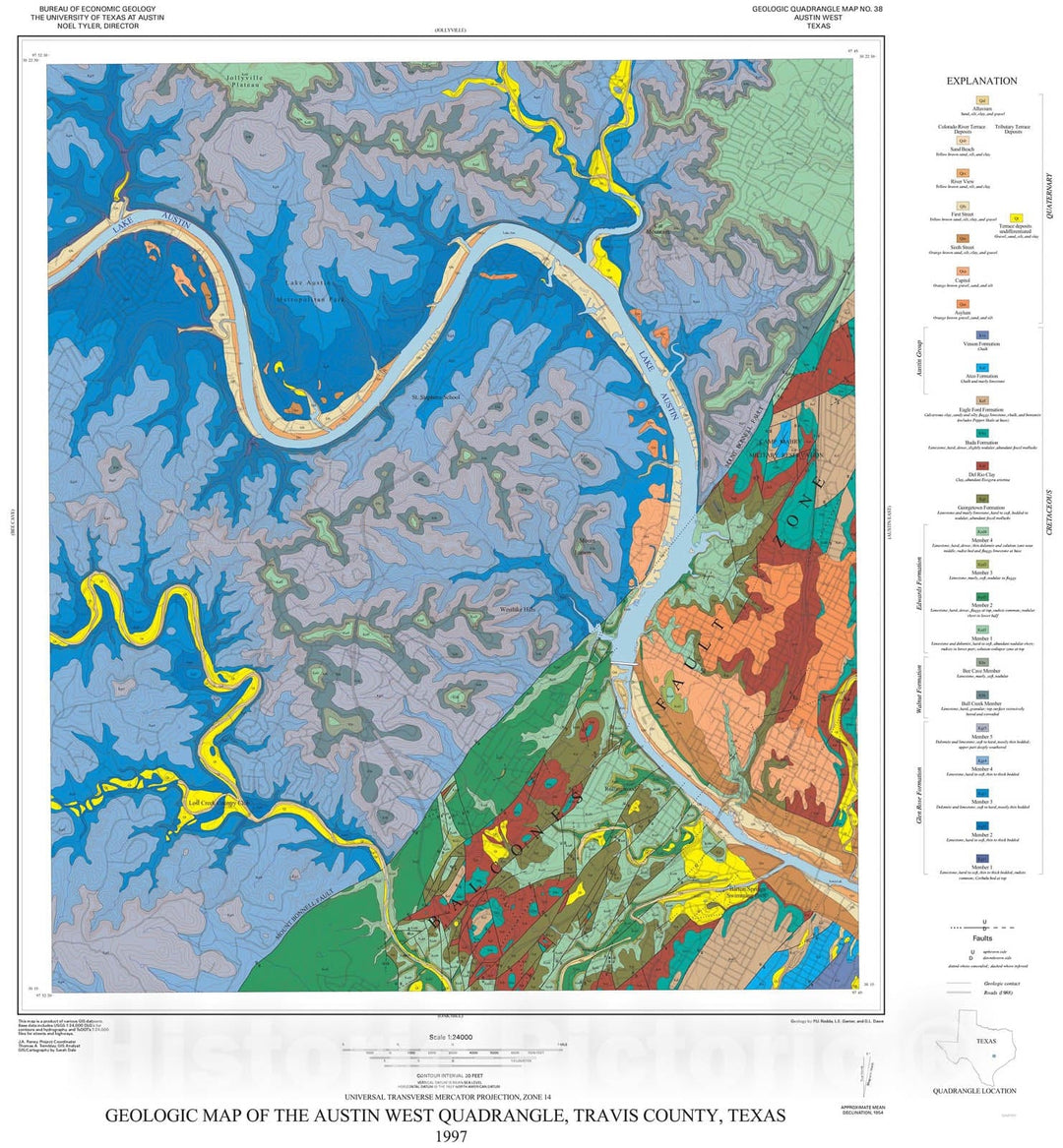 Map : Geologic Map of the Austin West Quadrangle, Travis County, Texas, 1969 Cartography Wall Art :