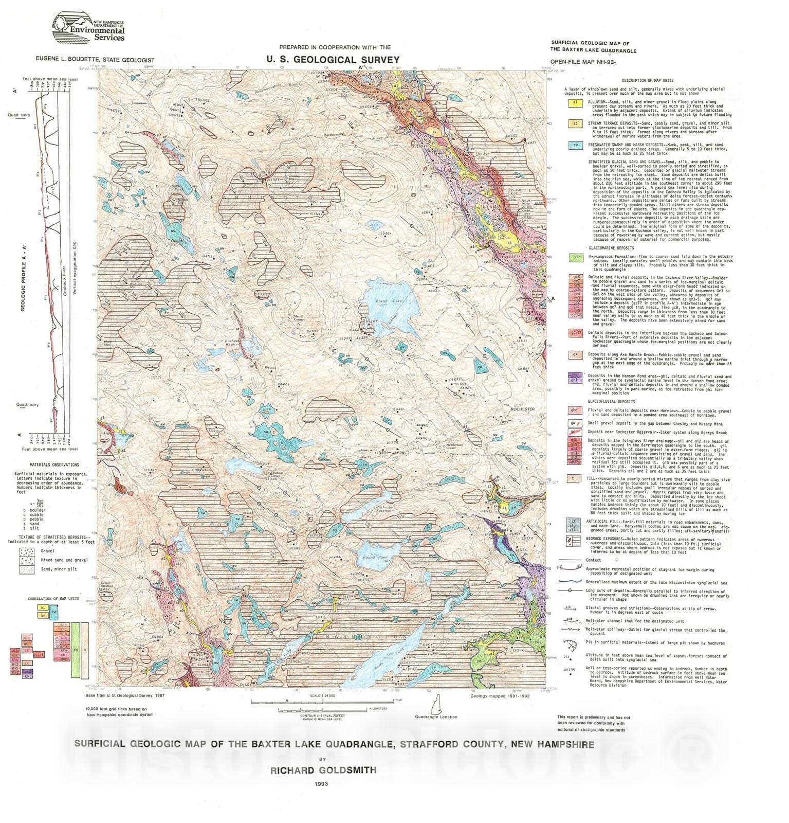 Map : Surficial geologic map of the Baxter Lake quadrangle, Strafford County, New Hampshire, 1993 Cartography Wall Art :