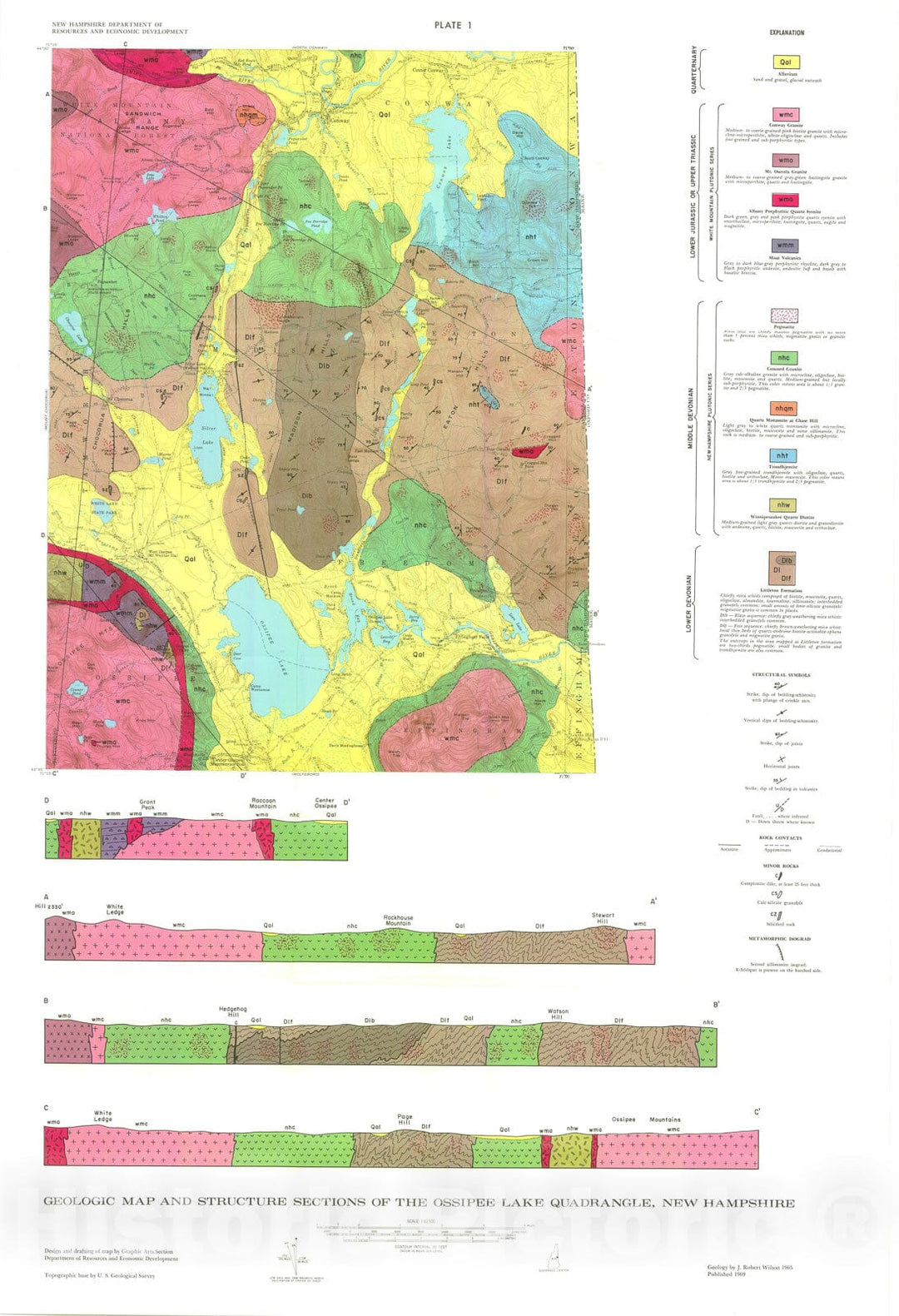 Map : The geology of the Ossipee Lake quadrangle, New Hampshire, 1969 Cartography Wall Art :