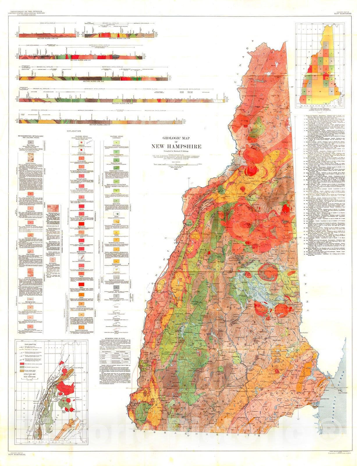 Map : The geology of New Hampshire: part II - bedrock geology, 1956 Cartography Wall Art :