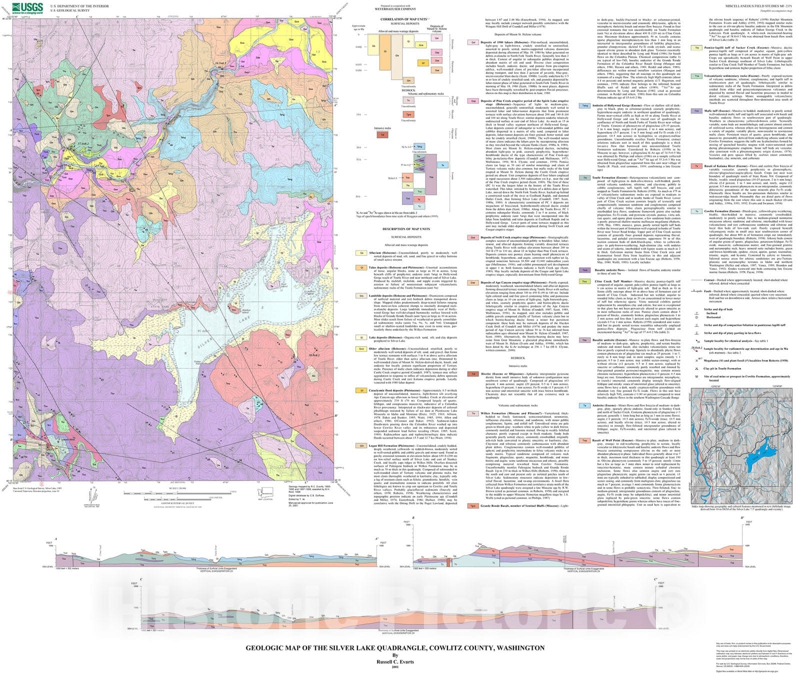 Map : Geologic map of the Silver Lake quadrangle, Cowlitz County, Washington, 2001 Cartography Wall Art :