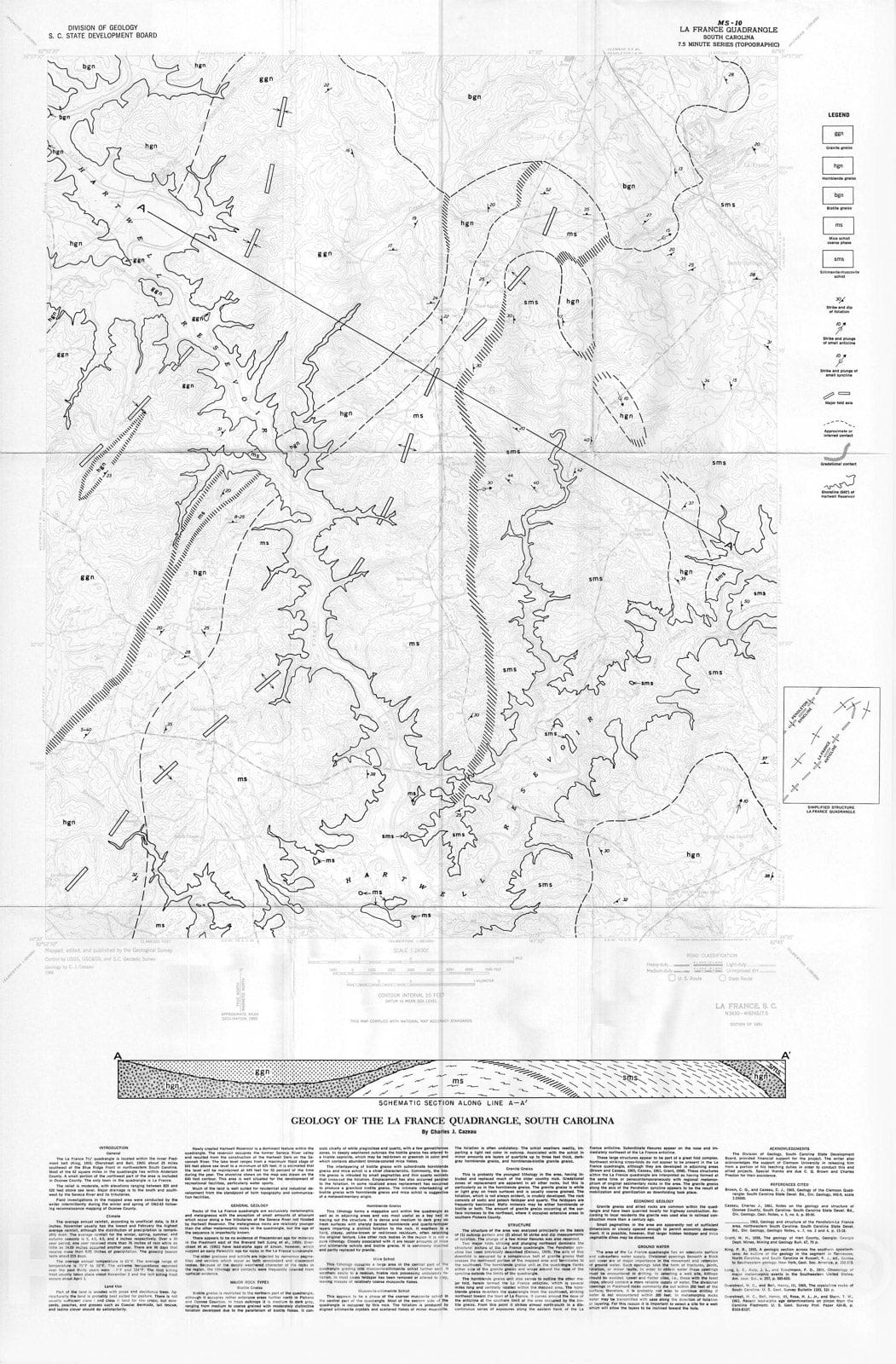 Map : Geology of the La France quadrangle, South Carolina, 1966 Cartography Wall Art :