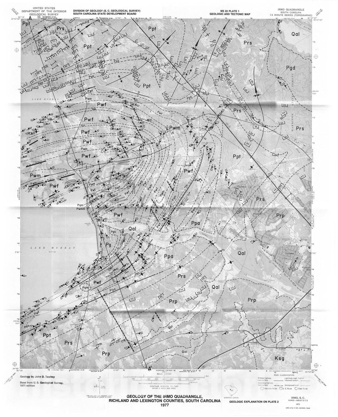 Map : Geology of the Irmo quadrangle [and part of the Lake Murray East quadrangle], Richland and Lexington counties, South Carolina, 1977 Cartography Wall Art :