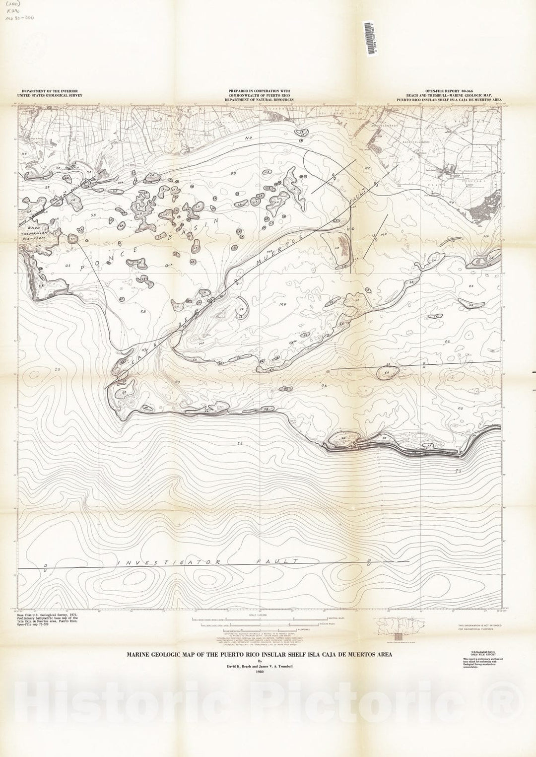 Map : Marine geologic map of the Puerto Rico insular shelf, Isla Caja de Muertos area, 1980 Cartography Wall Art :