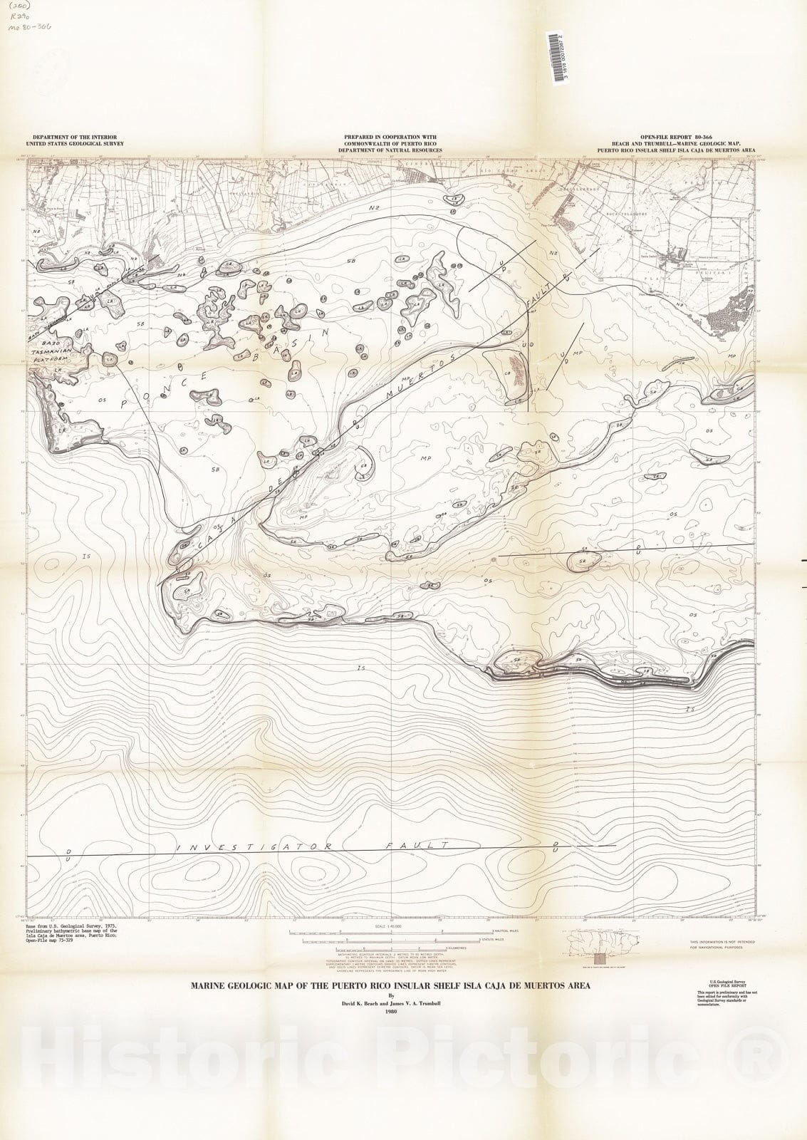 Map : Marine geologic map of the Puerto Rico insular shelf, Isla Caja de Muertos area, 1980 Cartography Wall Art :