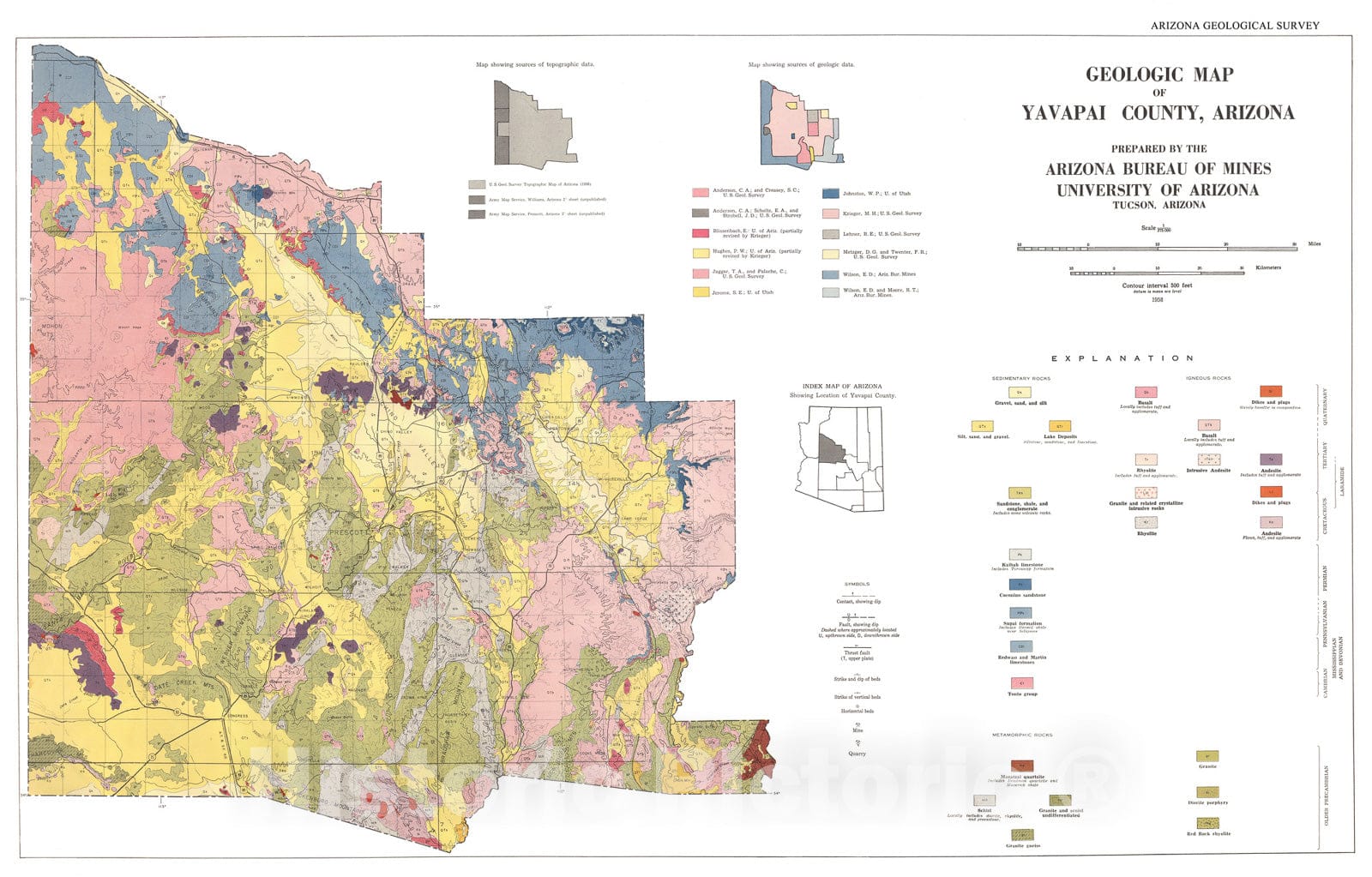 Map : Geologic map of Yavapai County, Arizona, 1958 Cartography Wall Art :